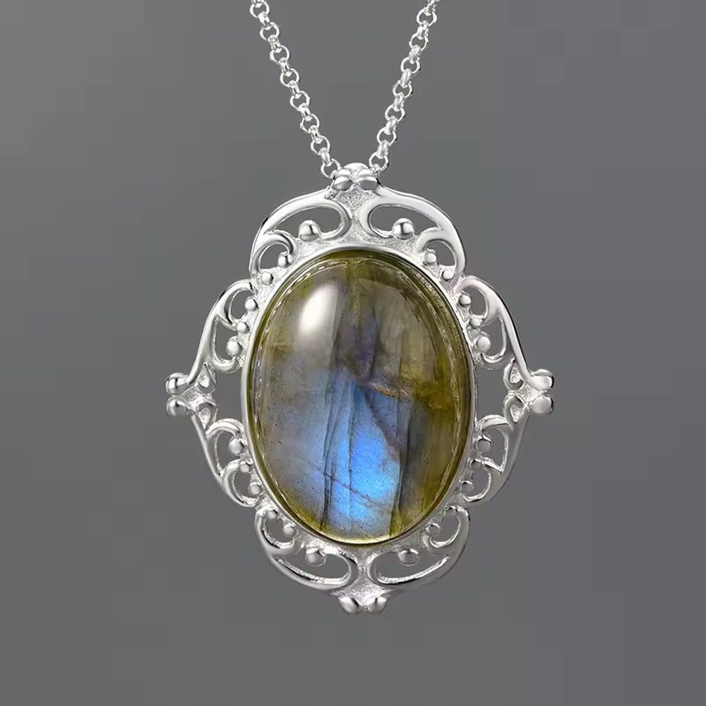 Runde Perlé Silberkette Kette mit ovalem Vintage Anhänger, 925 Sterling Silber, handgefertigte Halskette Labradorit (inkl. Geschenkverpackung)