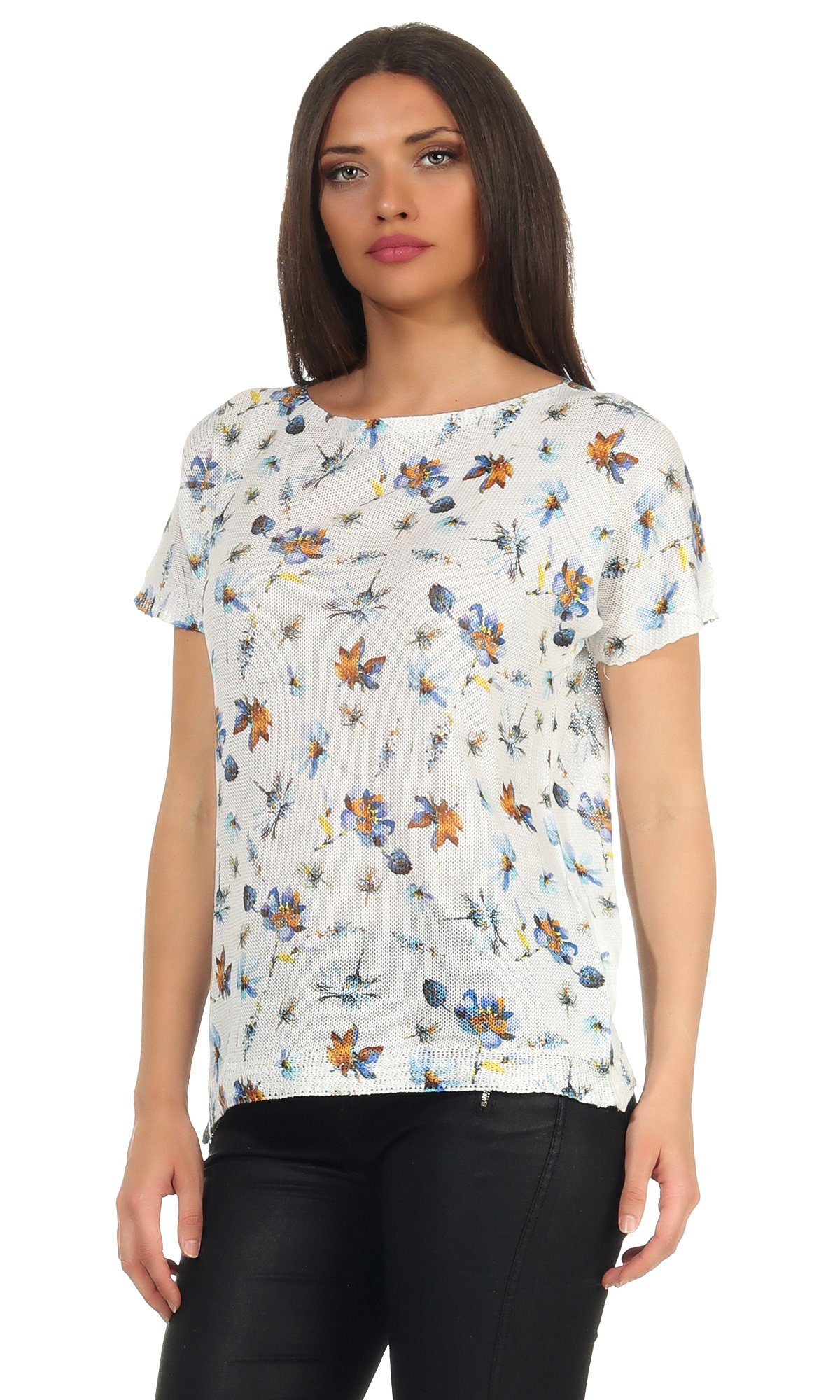 Mississhop Print-Shirt Damen weißes Shirt mit Blumen Tshirt Bluse 320