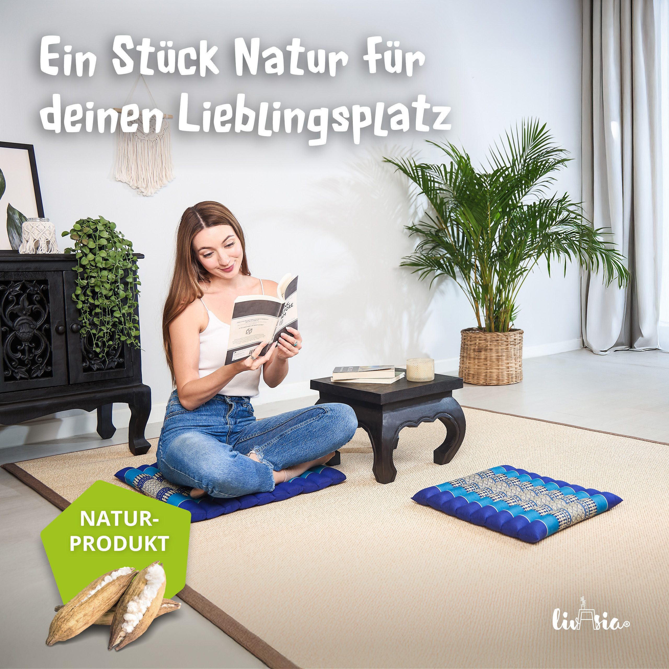 livasia Sitzkissen Steppkissen 50 cm, vegan und handgefertigt, 50x50x4,5cm, Kapok