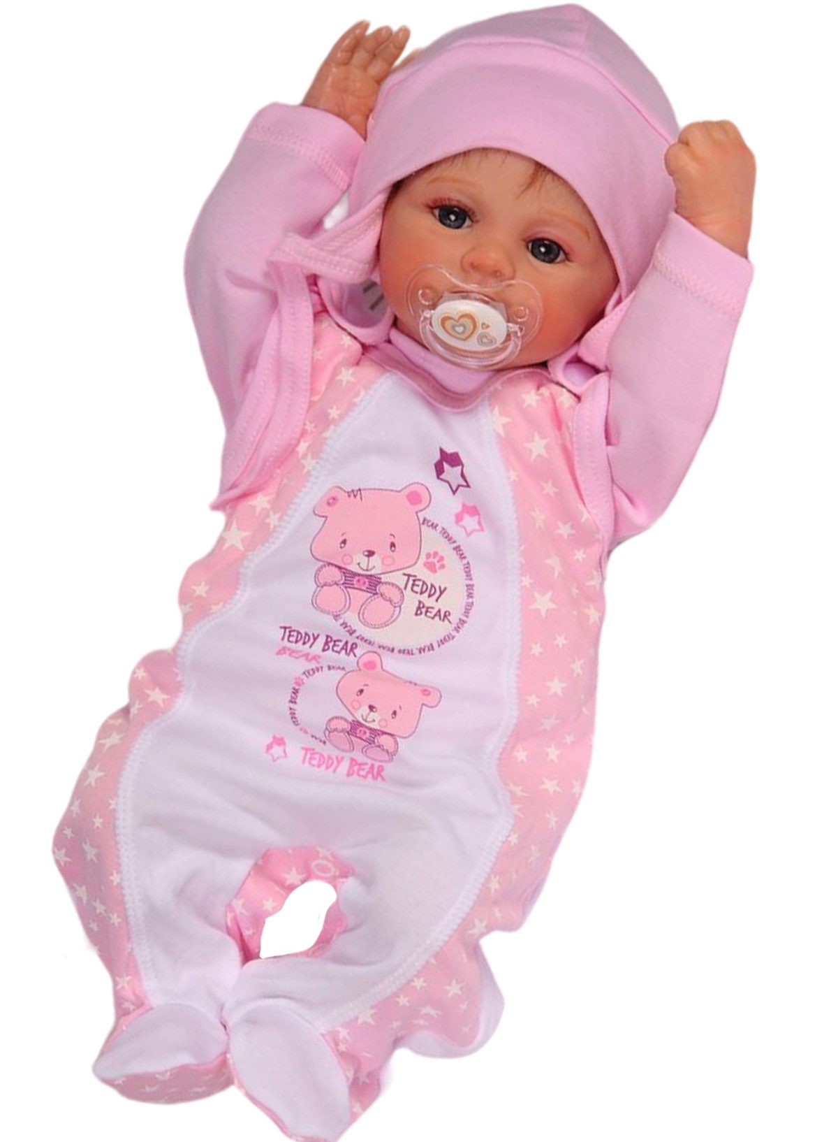 La Bortini Strampler, Jäckchen & Mütze Strampler Mütze Langarmshirt 3tlg Set Anzug in Rosa mit Bärchen aus reienr Baumwolle, 44 50 56 62 68 74