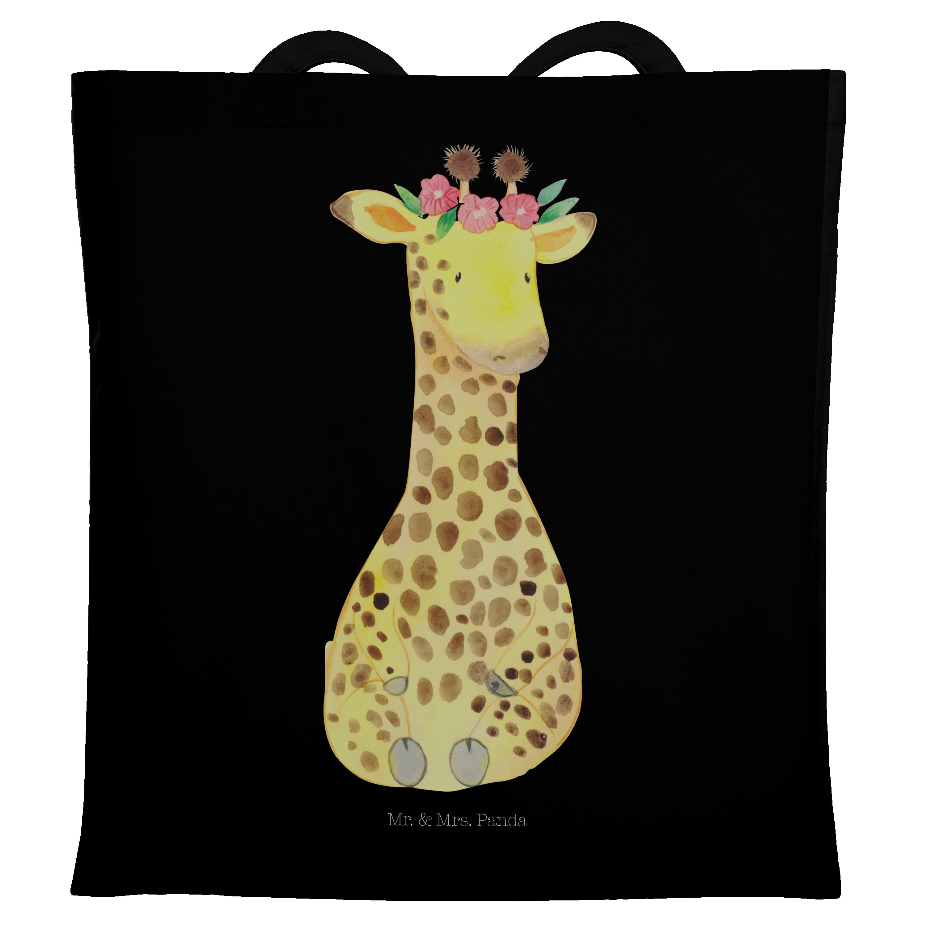 Mr. & Mrs. Panda Tragetasche Giraffe Blumenkranz - Schwarz - Geschenk, Beutel, Stoffbeutel, Freund (1-tlg)