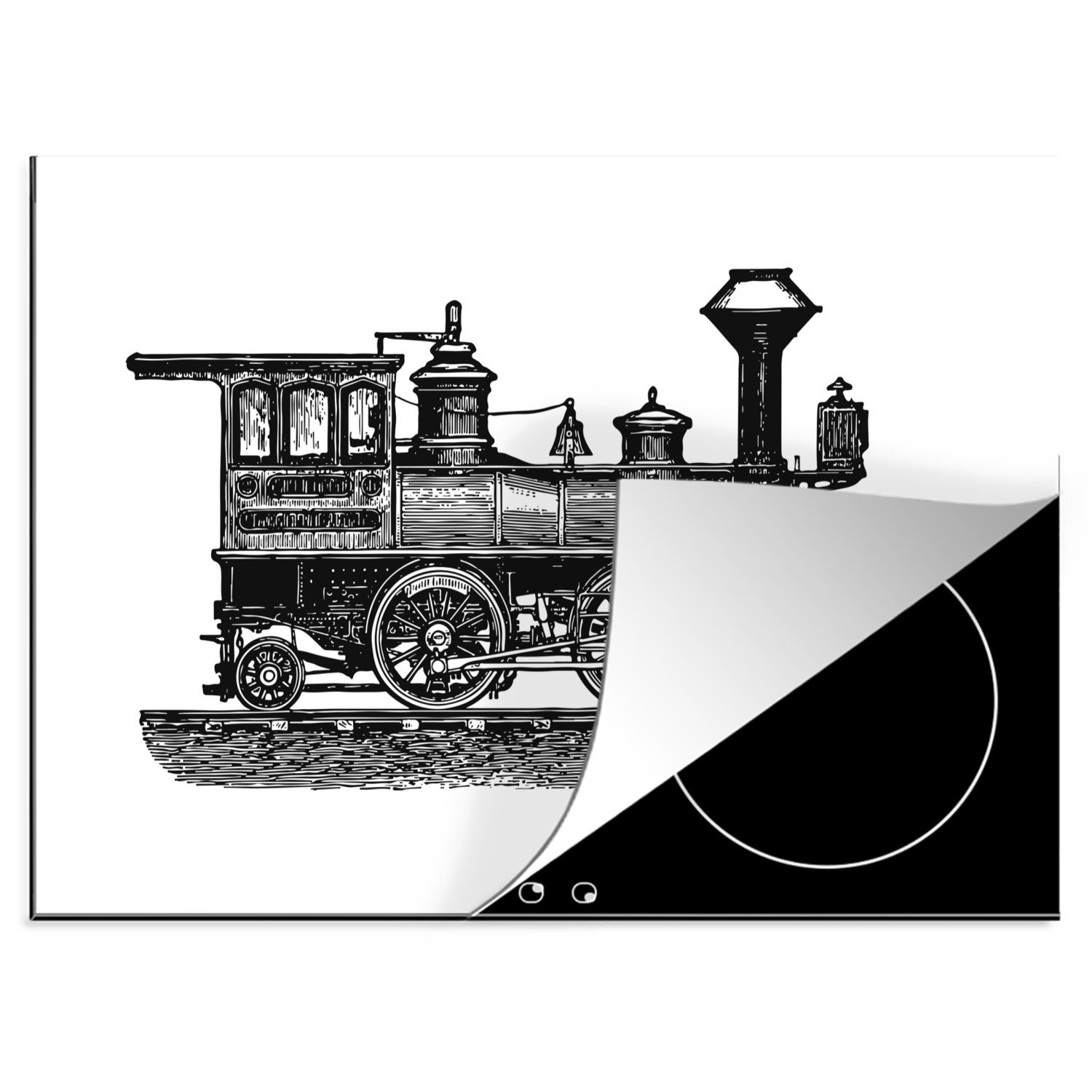 MuchoWow Herdblende-/Abdeckplatte Oldtimerzug auf dem Ceranfeldabdeckung Mobile Gleis, Vinyl, Arbeitsfläche tlg), (1 cm, 70x52 nutzbar
