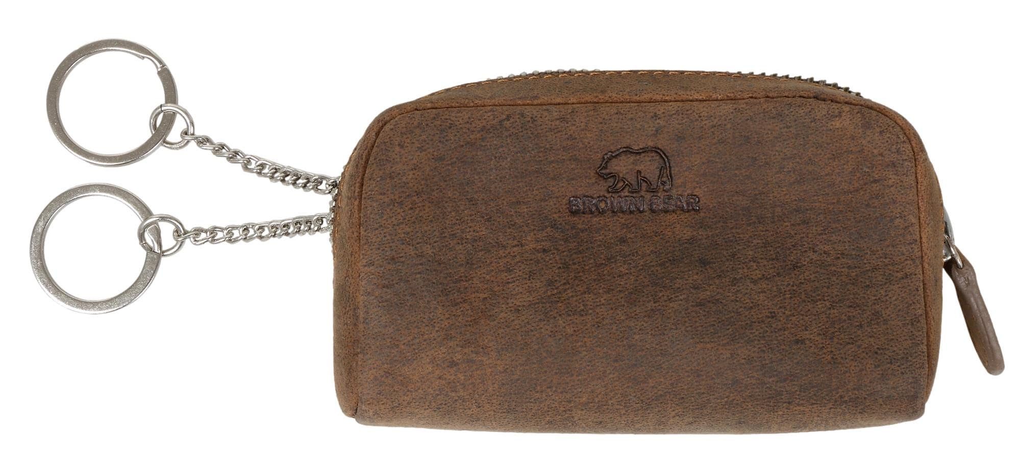Brown Bear Schlüsseltasche Classic 8017-A zwei Schlüsselringe Unisex Echtleder größerer Korpus, Reißverschlussfach Münzbörse Braun-Vintage