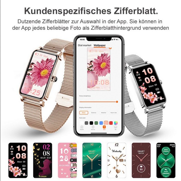 TPFNet SW32 mit Milanaise Armband für Damen - individuelles Display Smartwatch (Android) Armbanduhr mit Musiksteuerung Herzfrequenz Schrittzähler Kalorien Sportmodus etc. - Silber RY12376