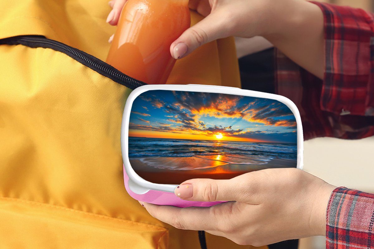 MuchoWow Lunchbox Meer (2-tlg), - Orange, rosa Kunststoff, Brotdose Erwachsene, Sonnenuntergang Mädchen, Brotbox Wolken - Kunststoff Strand - - Kinder, für Snackbox