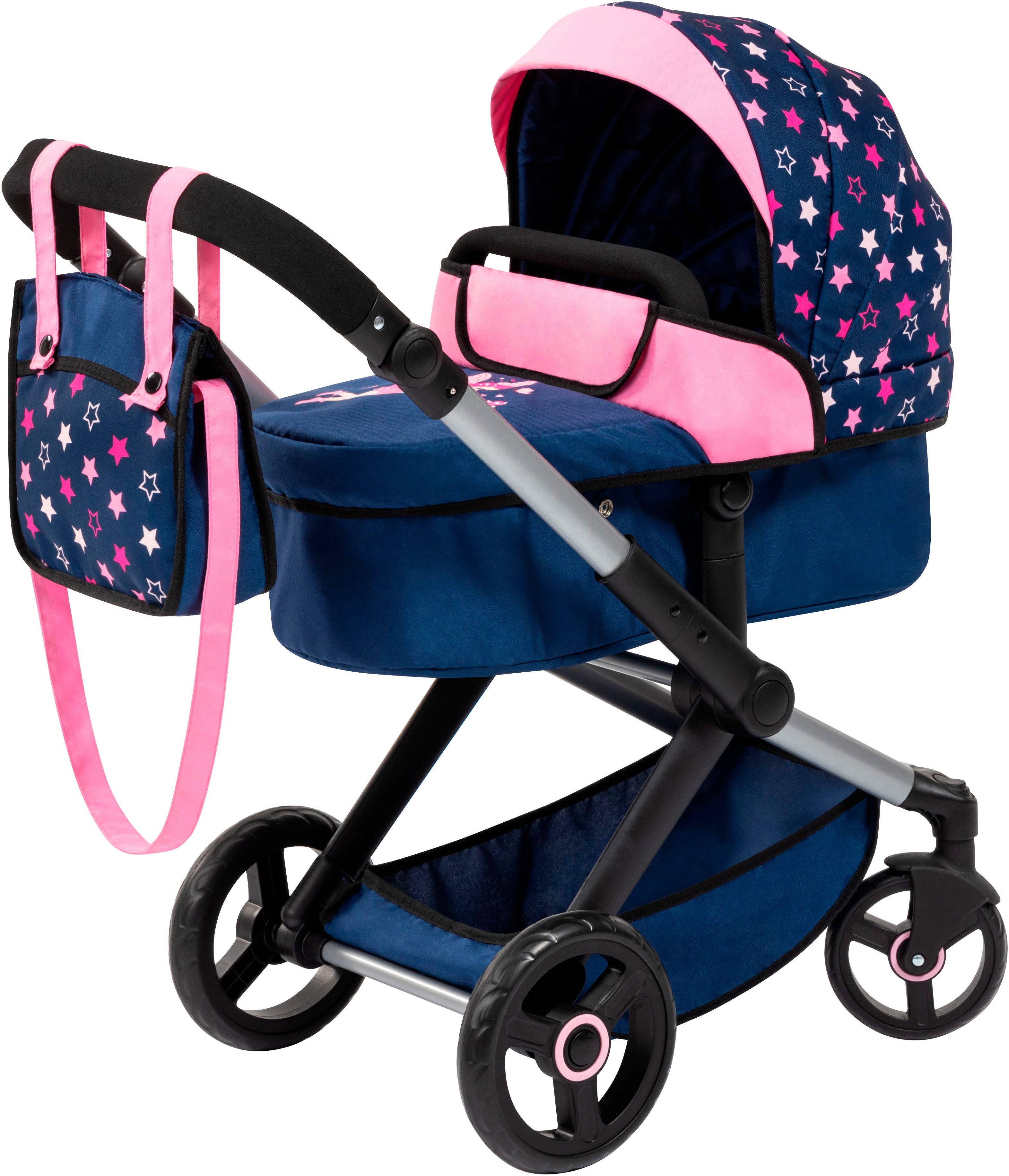 Kombi-Puppenwagen Xeo, blau/pink Sternchen