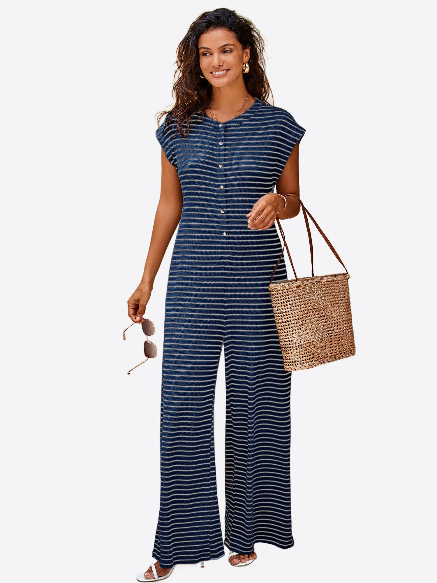 Imily Bela Jumpsuit Damen Hausanzug Homewear Gestreift Weit Bein Waffelstrick Sommer Loose (Packung, 1-tlg., 1per-Pack) mit Knopfleiste gehäkelt