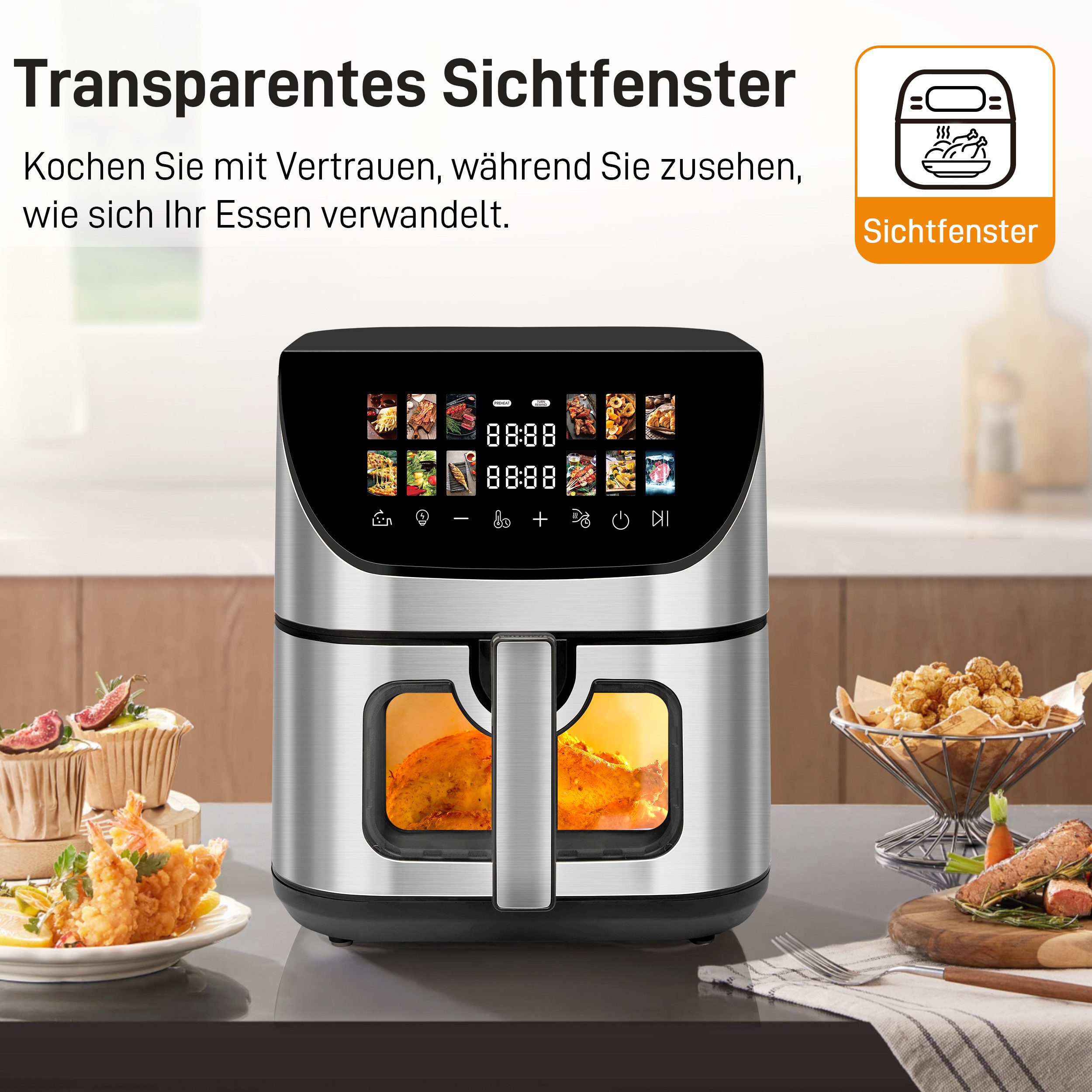 WHEELYOU Heißluftfritteuse 9L XXL, 1800W Airfryer mit LED-Farbdisplay, Sichtfenster & 12 Programmen, 1800 W, Großer Airfryer für fettarmes Kochen mit Touchscreen, Timer