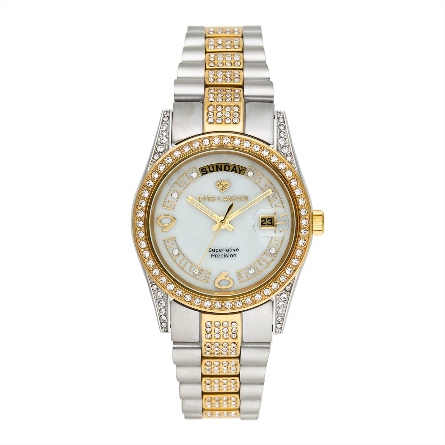 Yves Camani Quarzuhr TIBERIUS, Edelstahlband, Zirkonia-Kristalle, Datums- und Wochentagsanzeige