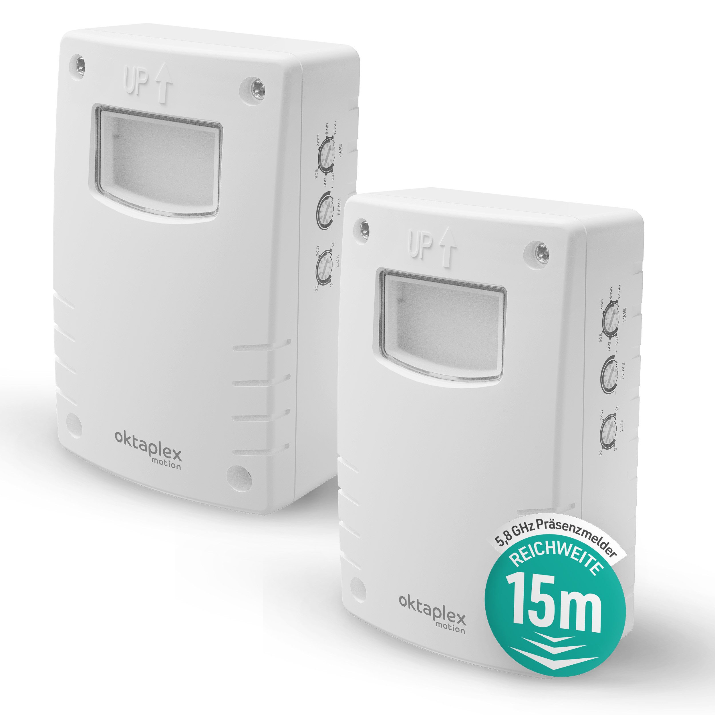 Oktaplex motion Bewegungsmelder Pit Bewegungsmelder HF 5,8 GHz 15m Wand IP65 230V, (2-St), Aufputz Sensor 180 Grad LED kompatibel weiß