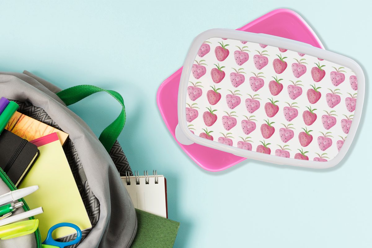 MuchoWow Lunchbox Kunststoff rosa Brotdose Snackbox, - für Design, Kunststoff, Kinder, Erwachsene, (2-tlg), Aquarell - Mädchen, Erdbeere Brotbox