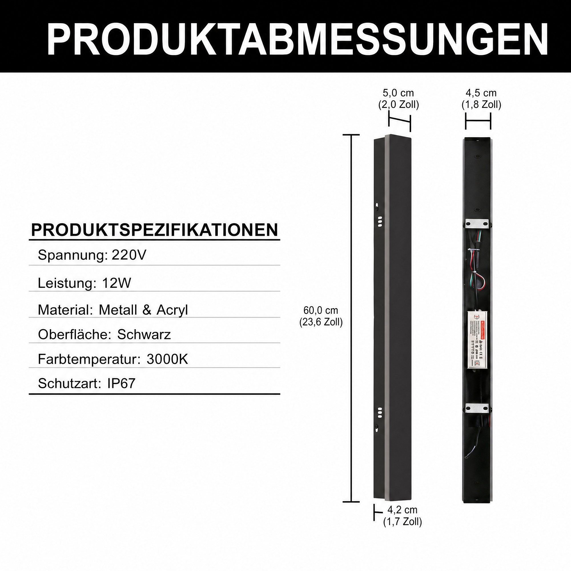 LOHAS-LED Außen-Wandleuchte aus Metall & Acryl mit seitlicher Lichtabstrahlung, 90cm schlanke Form, LED fest integriert, Warmweiß, Tageslicht, 24W, IP67 wetterfest, 2CCT umschaltbar 3000K/6000K