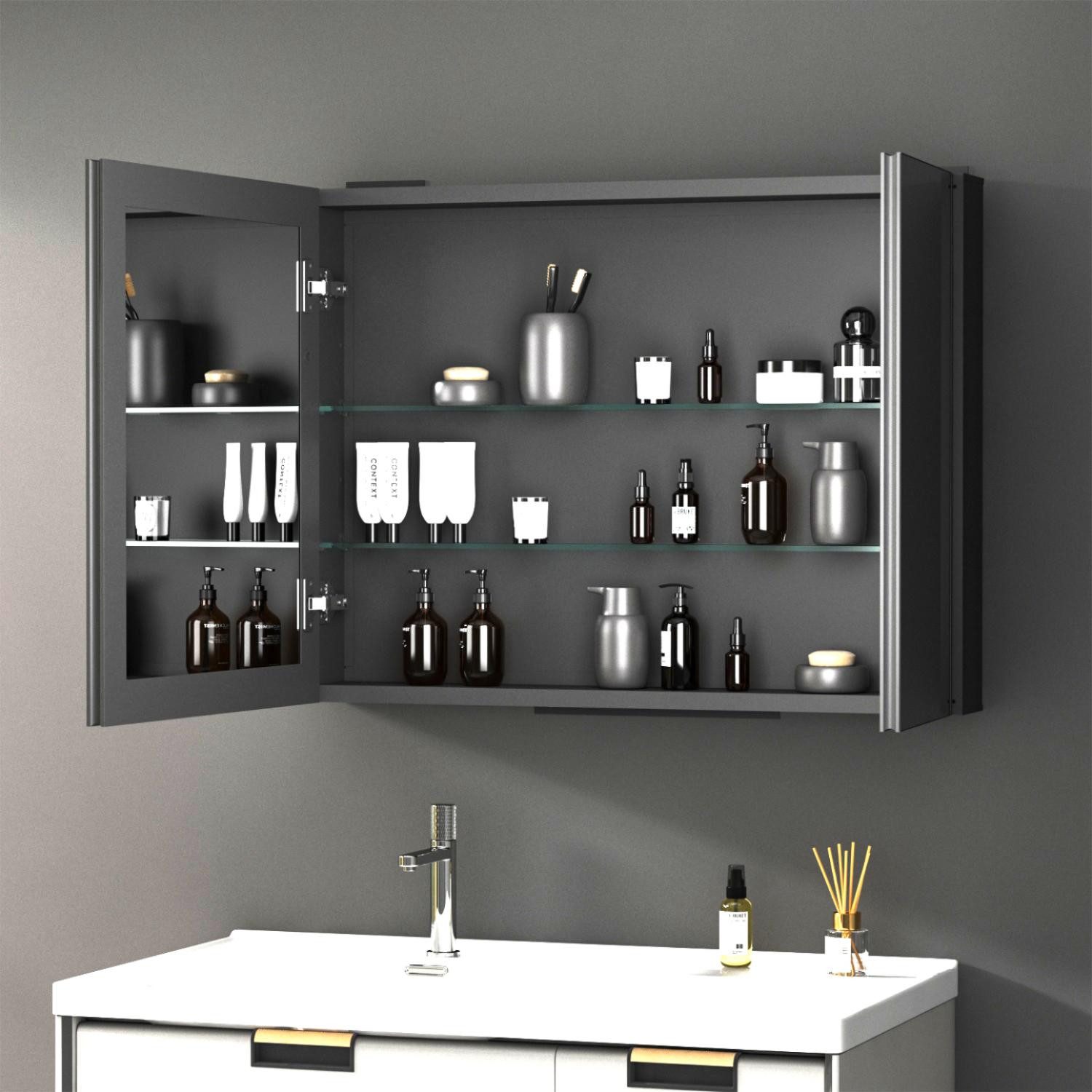 WDWRITTI Badezimmerspiegelschrank Aluminium Spiegelschrank Bad Schwarz günstig online kaufen