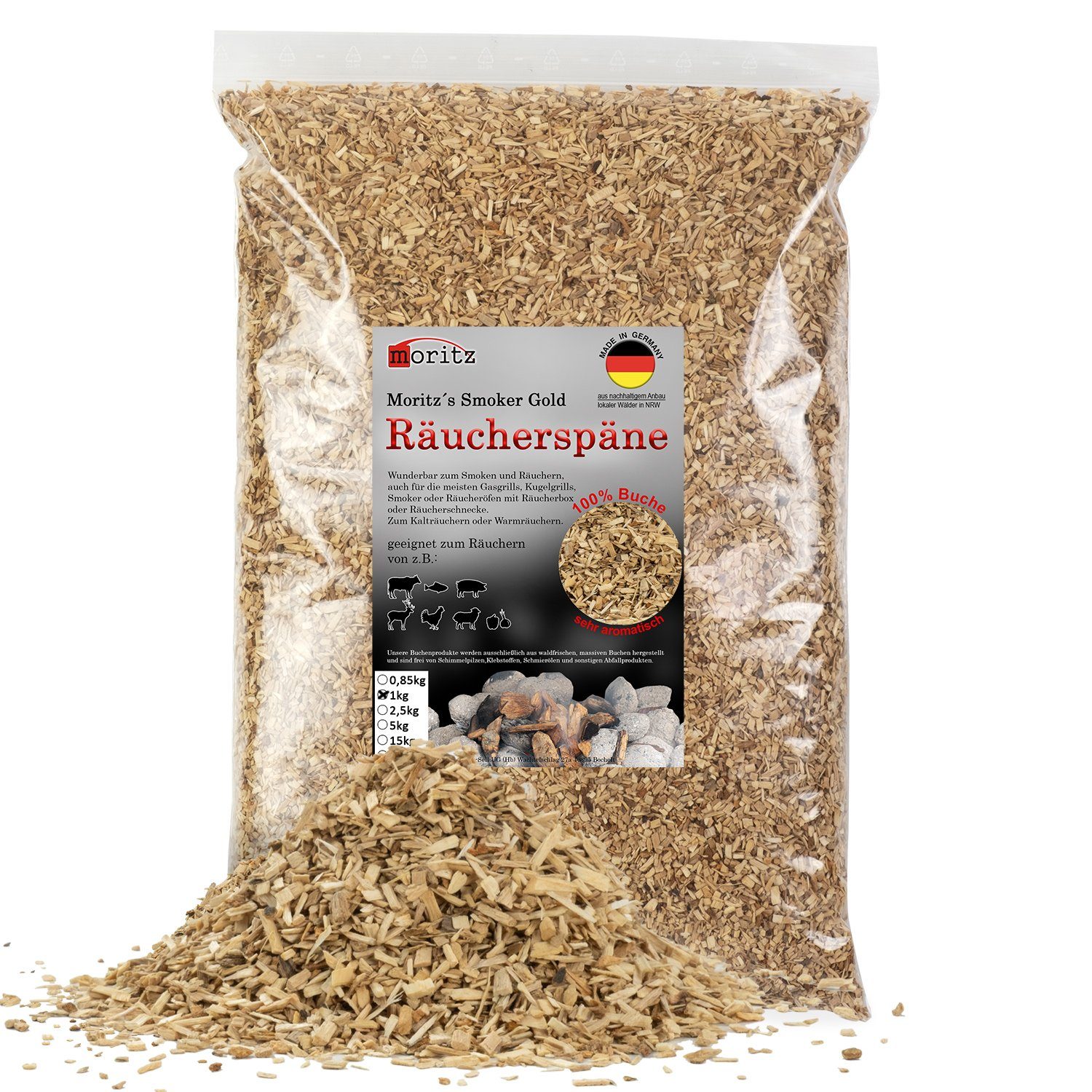 Moritz Räucherbox 1kg Räucherspäne Buche fein 0,75 -2 mm zum smoken, räuchern/kalträuchern von Fleisch, Fisch, Gemüse geeignet