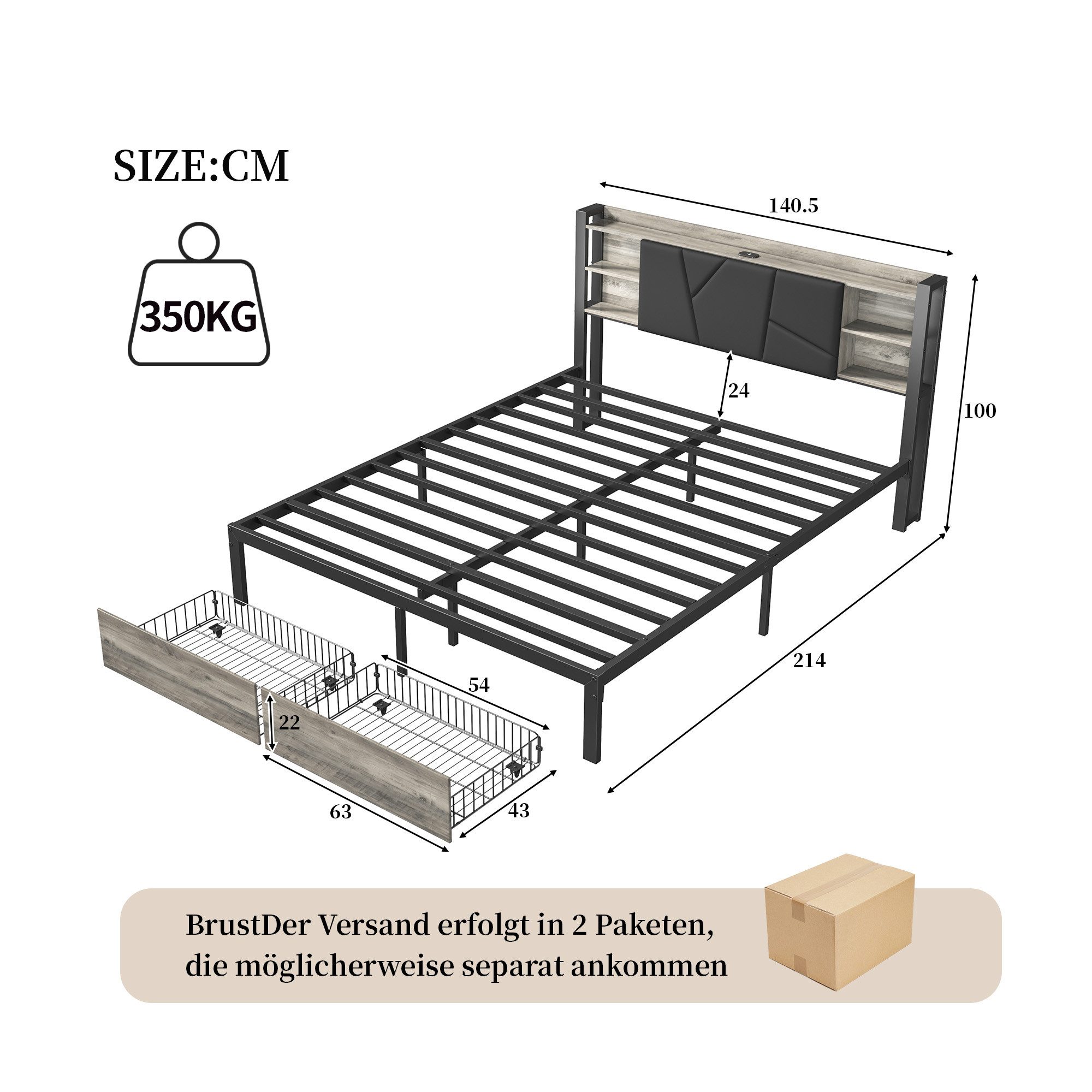 NMCXXO Metallbett Smart Bett mit LED & Stauraum – Modernes Polsterbett