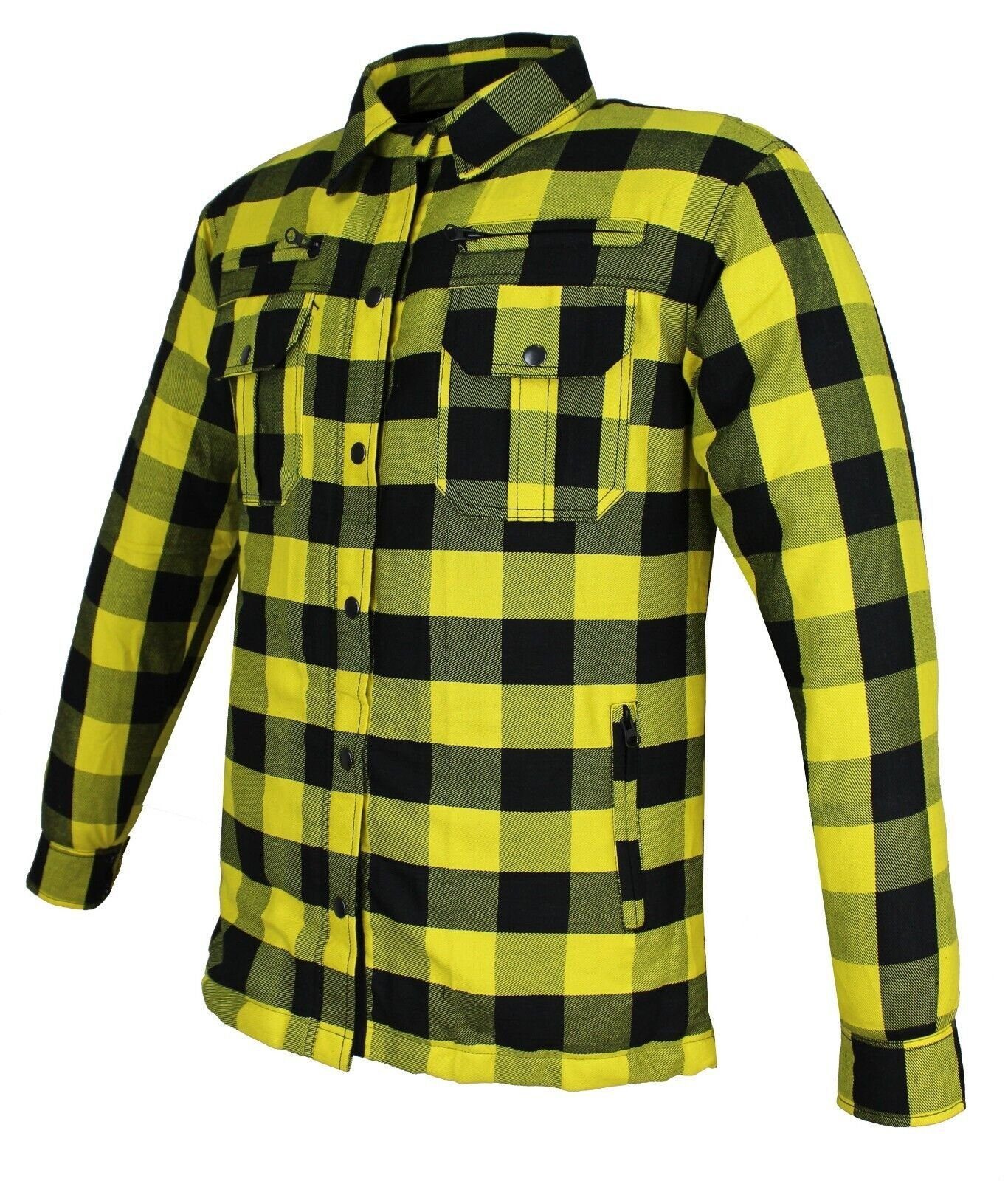 Alpha Speeds Motorradjacke Flanell-Holzfäller Motorrad KEV ARAMID Lumber Biker Hemd SLIM Gelb (Wasserdicht & Winddicht & Atmungsaktiv + Belüftungstaschen / Motorradhemd) All Season, wasserdichte Reißverschlüsse, mit Protektoren