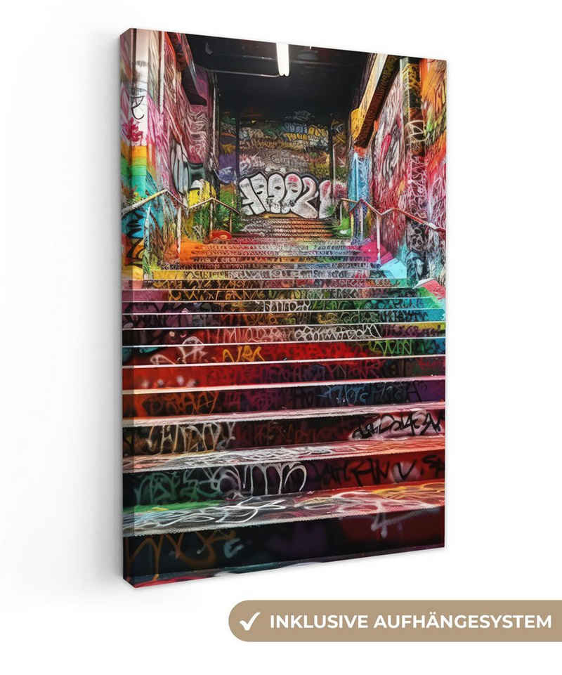 OneMillionCanvasses® Leinwandbild Treppe - Graffiti - Farben - Kunst, (1 St), Leinwandbild fertig bespannt inkl. Zackenaufhänger, Gemälde, 20x30 cm