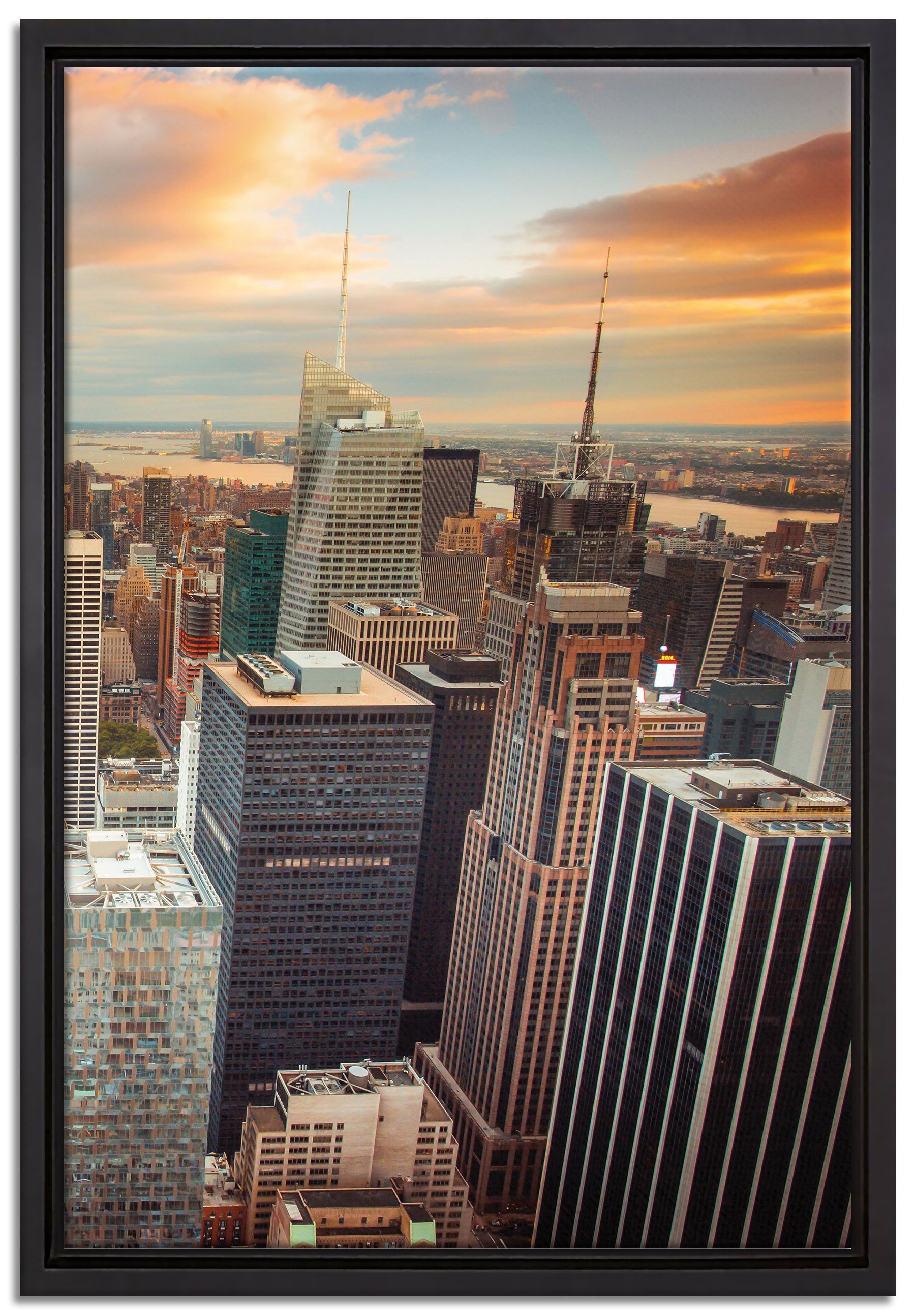 Pixxprint Leinwandbild Skyline von New York, Wanddekoration (1 St), Leinwandbild fertig bespannt, in einem Schattenfugen-Bilderrahmen gefasst, inkl. Zackenaufhänger