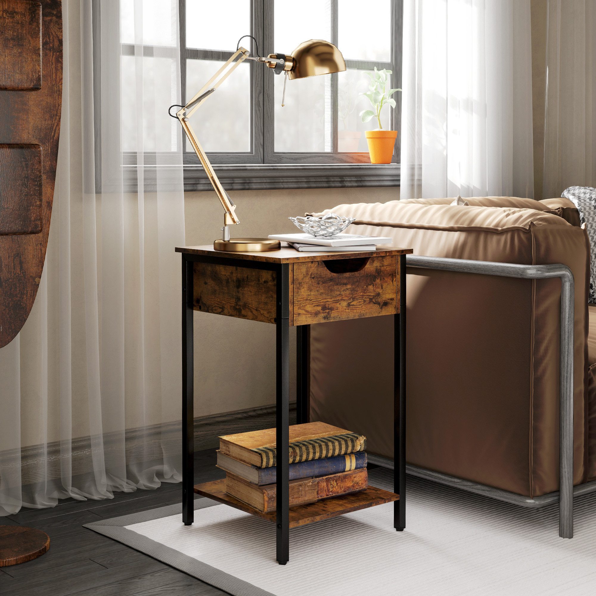 HOMCOM Beistelltisch im industriell Design, mit Stahlrahmen (Couchtisch, 1-St., Kaffeetisch), für Wohnzimmer, Schlafzimmer, 40 x 40 x 68 cm, Rustikales Braun