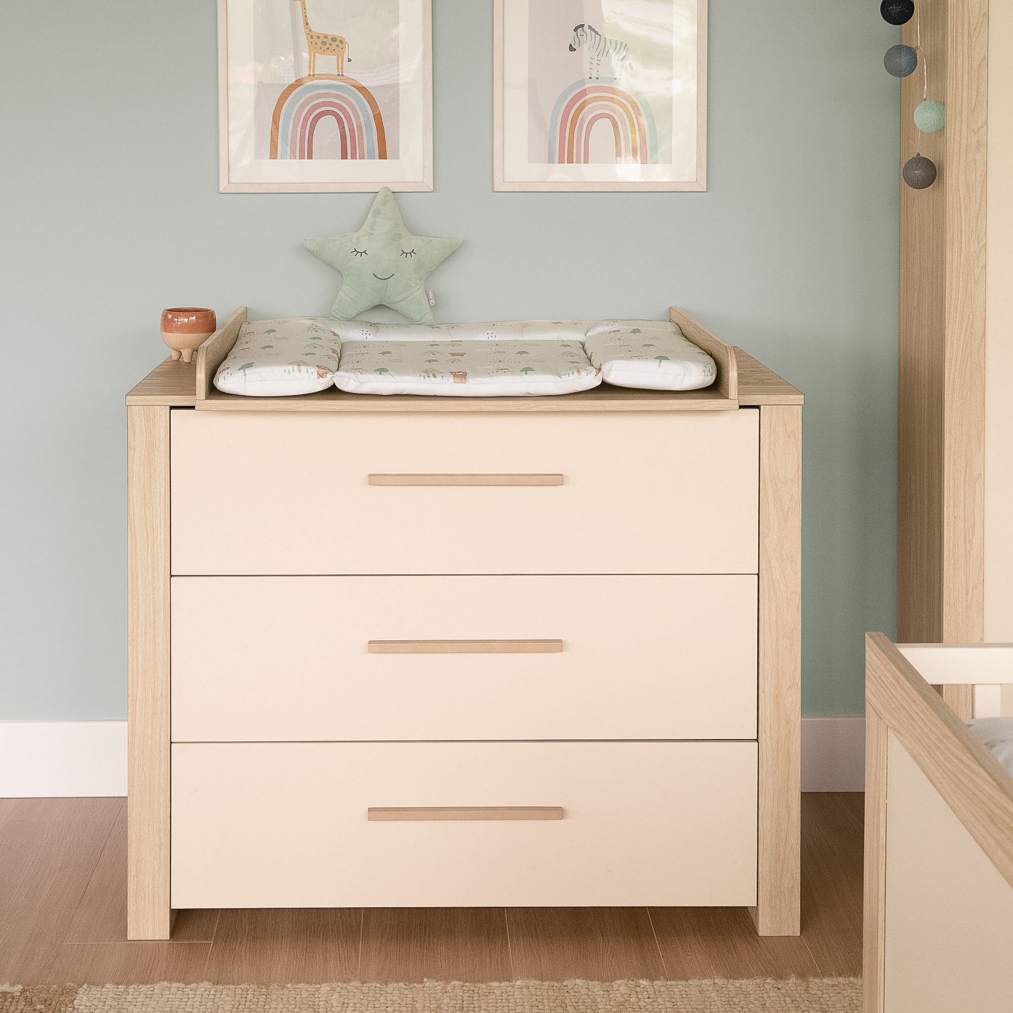 roba® Momo Baby Room Complete Set - Modern Wooden Nursery - Cashmere - Artisan Oak Decor, (3-piece set, 3-piece set, cot 70 x 140 cm, changing table with 3 drawers, wardrobe), cot: removable bars & 3-way height adjustable - Beige / Cashmere