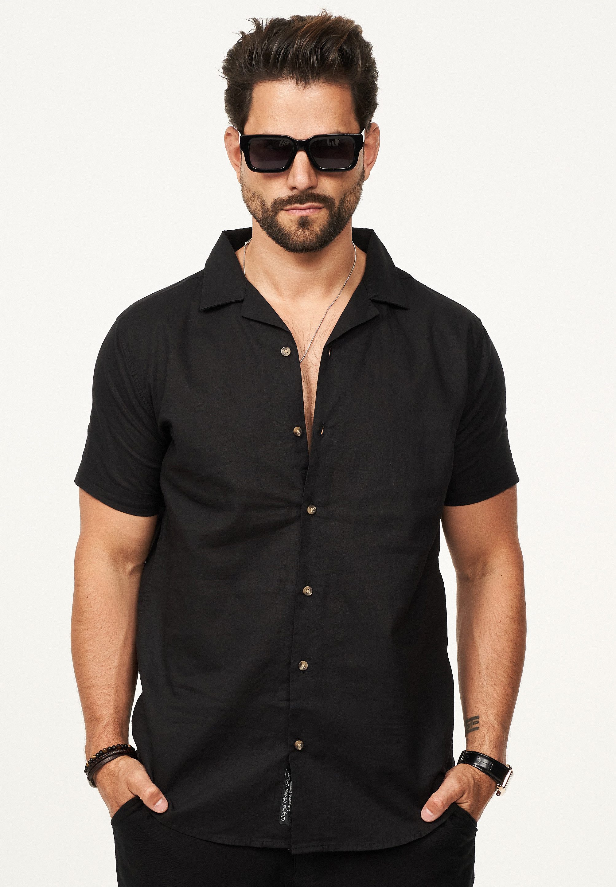behype Kurzarmhemd aus Leinen Sommerhemd im Regular-Fit Herren Leinenhemd Freizeithemd mit offenen Reverskragen – Bild 4 von 5