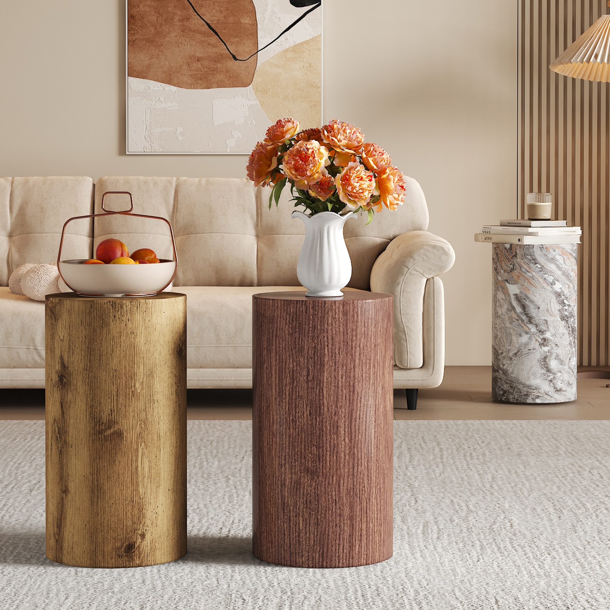 HAUSS SPOLE Couchtisch Rund Teetisch,Beistelltisch Sofatisch Wasserabweisend Nussbaum (Wohnzimmertisch im minimalistischen Design), Sofatisch 30x30x55 mit abgerundete Kanten