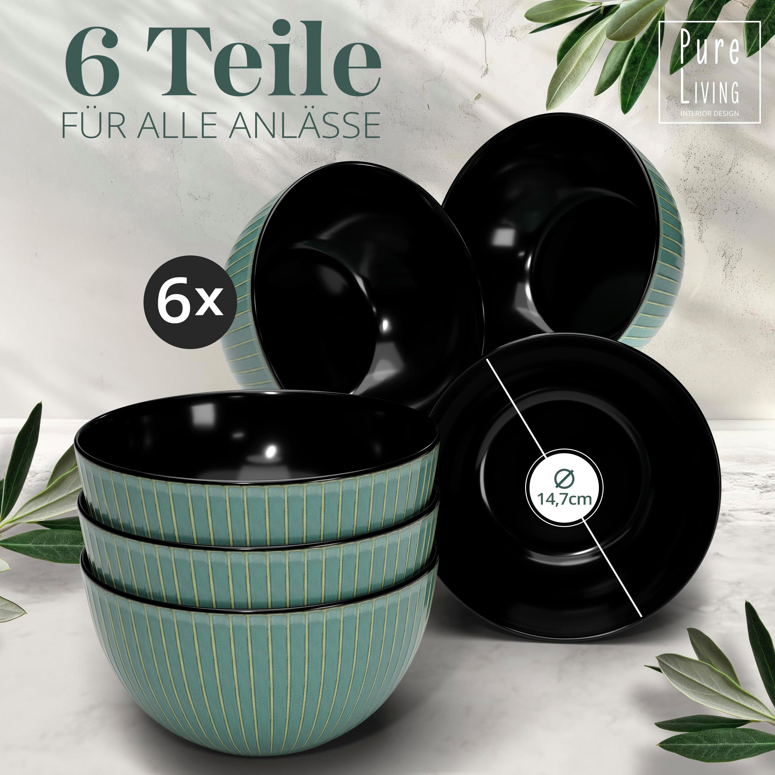 PURE LIVING INTERIOR DESIGN Geschirr-Set Pure Living Müslischale 6er 16cm »Ribbed«, Steingut, Grün, 6 Personen, Steingut, Mediterrane Handwerksoptik, Reaktive Glasur – jedes Stück einzigartig…