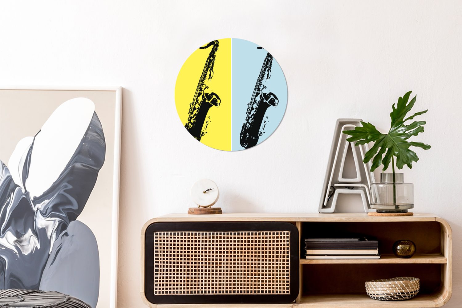 MuchoWow Wandsticker Illustration zwei Rund, auf Wohnzimmer einem für Saxophonen Tapetenaufkleber, St), (1 farbigen Kinderzimmer, von Hintergrund Tapetenkreis