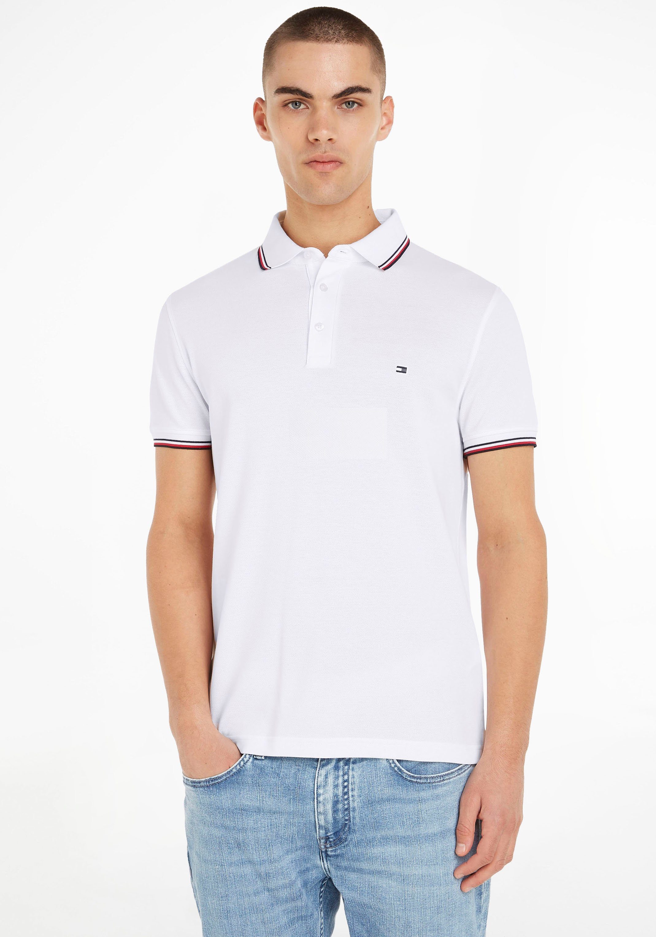 Tommy Hilfiger Poloshirt 1985 RWB TIPPED SLIM POLO mit TH-Farben an Ärmel und Kragen White