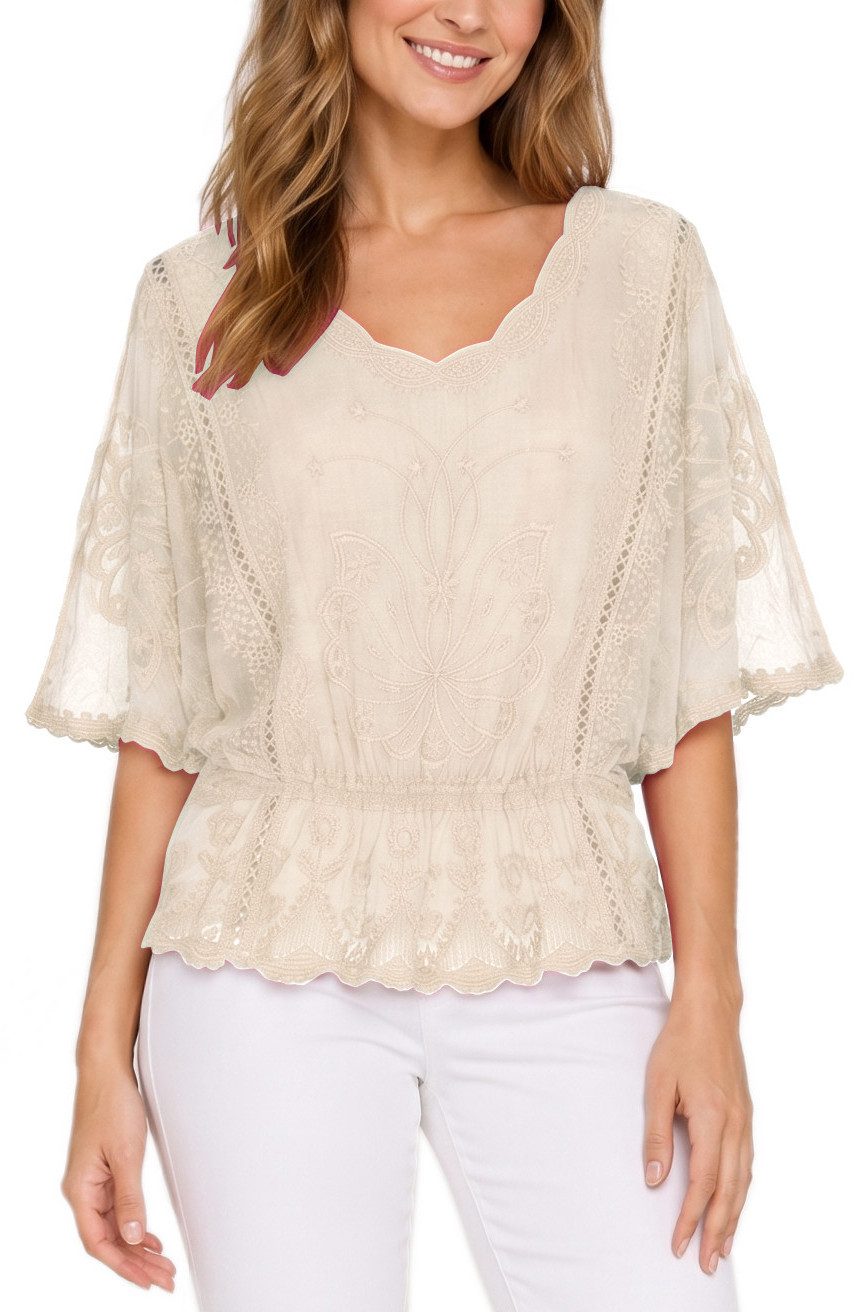 dy_mode Spitzenbluse Damen Sommerbluse mit Spitze Kurzarm Oberteil Einfarbig Transparent in Unifarbe, transparenten Ärmel