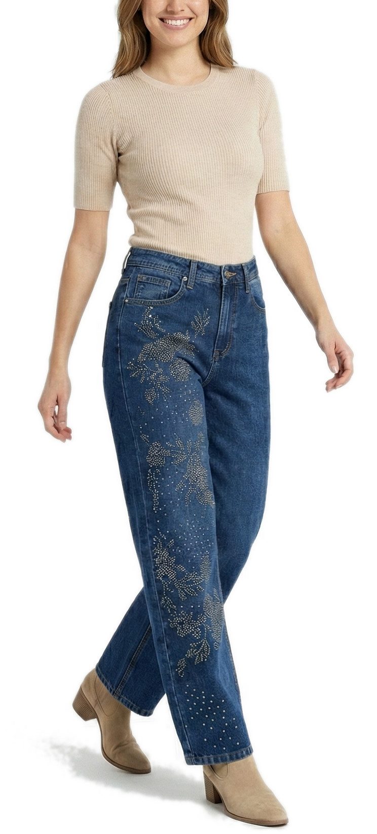 dy_mode Weite Jeans Damen Barrel-Jeans mit Glitzer-Verzierung Weit Bein Jeans Wide Leg, Barrel Schnitt, mit Glitzer-Verzierung