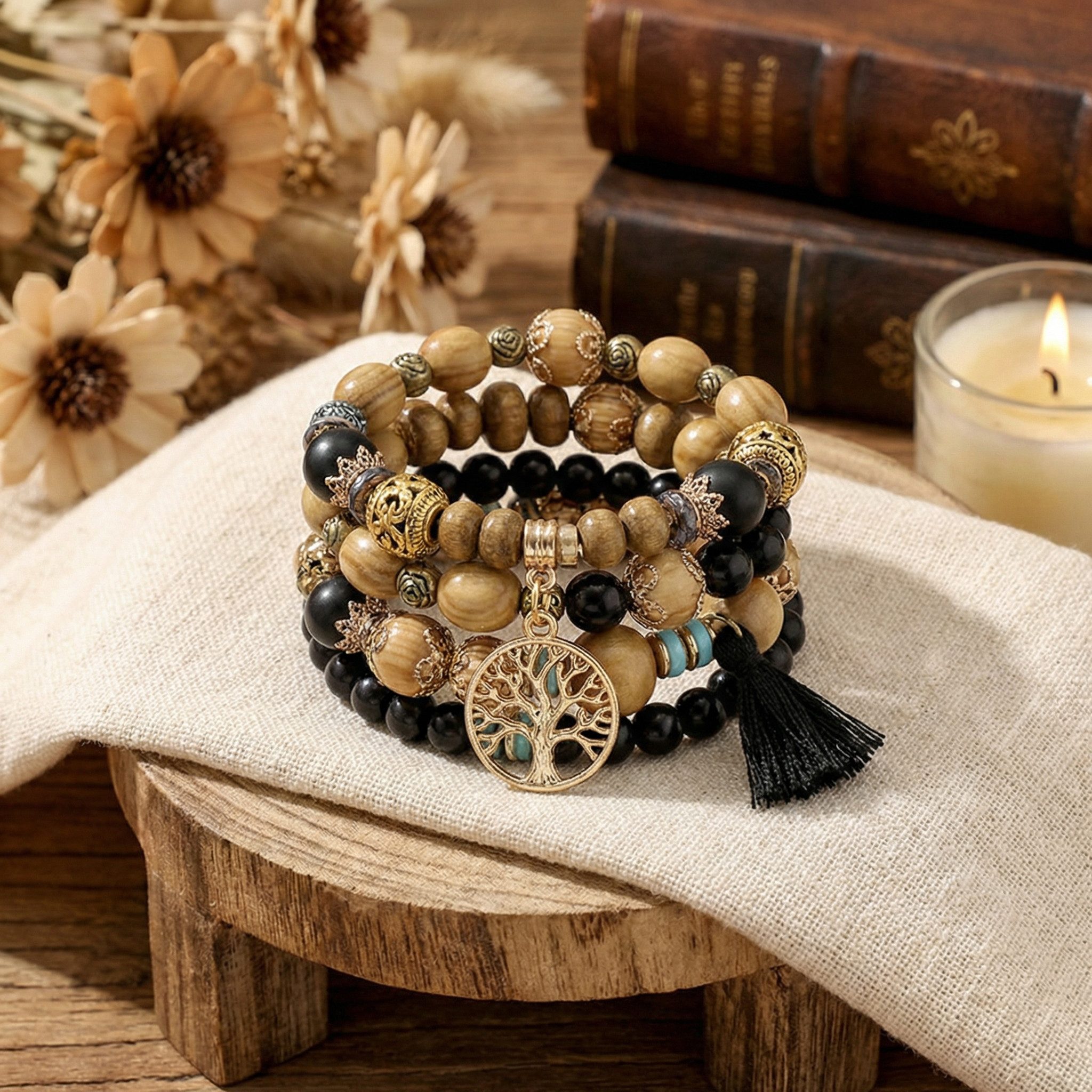The Beauty House Armband Boho Vintage Armband Set mit Holzperlen, – Natürliches Layering Schmuck-Set mit Lebensbaum Anhänger – Bild 3 von 3