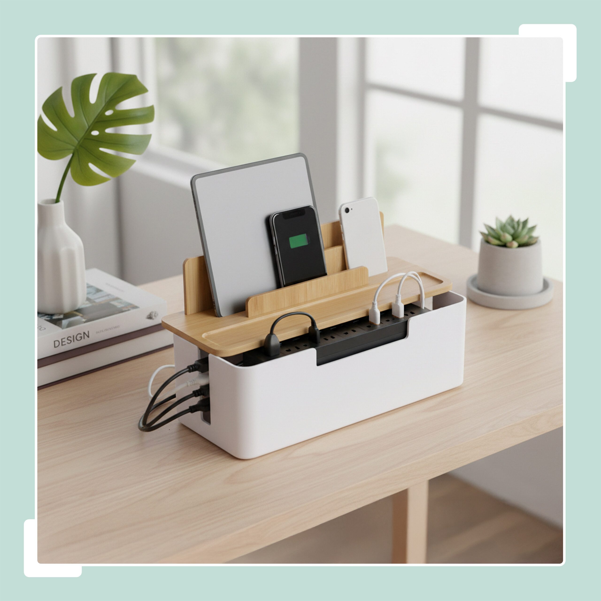 relaxdays Kabelbox mit Handyhalt, Natur-Weiß