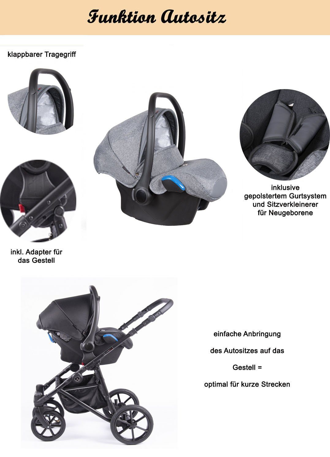 Kinder Kinderwagen babies-on-wheels Kombi-Kinderwagen Dante 3 in 1 inkl. Autositz - 13 Teile - von Geburt bis 4 Jahre in 20 Desi