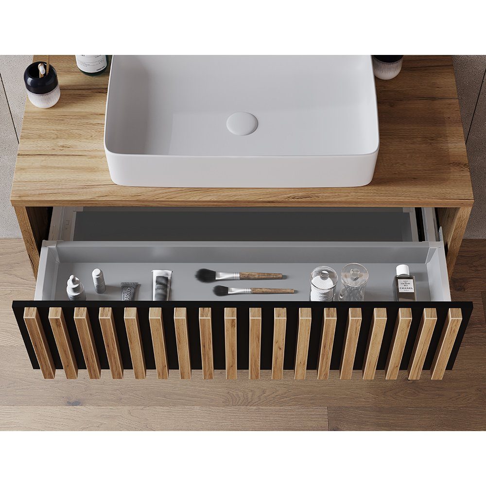 Lomadox Waschbeckenschrank LUCCA-107 Waschtisch Unterschrank Eiche schwarz günstig online kaufen