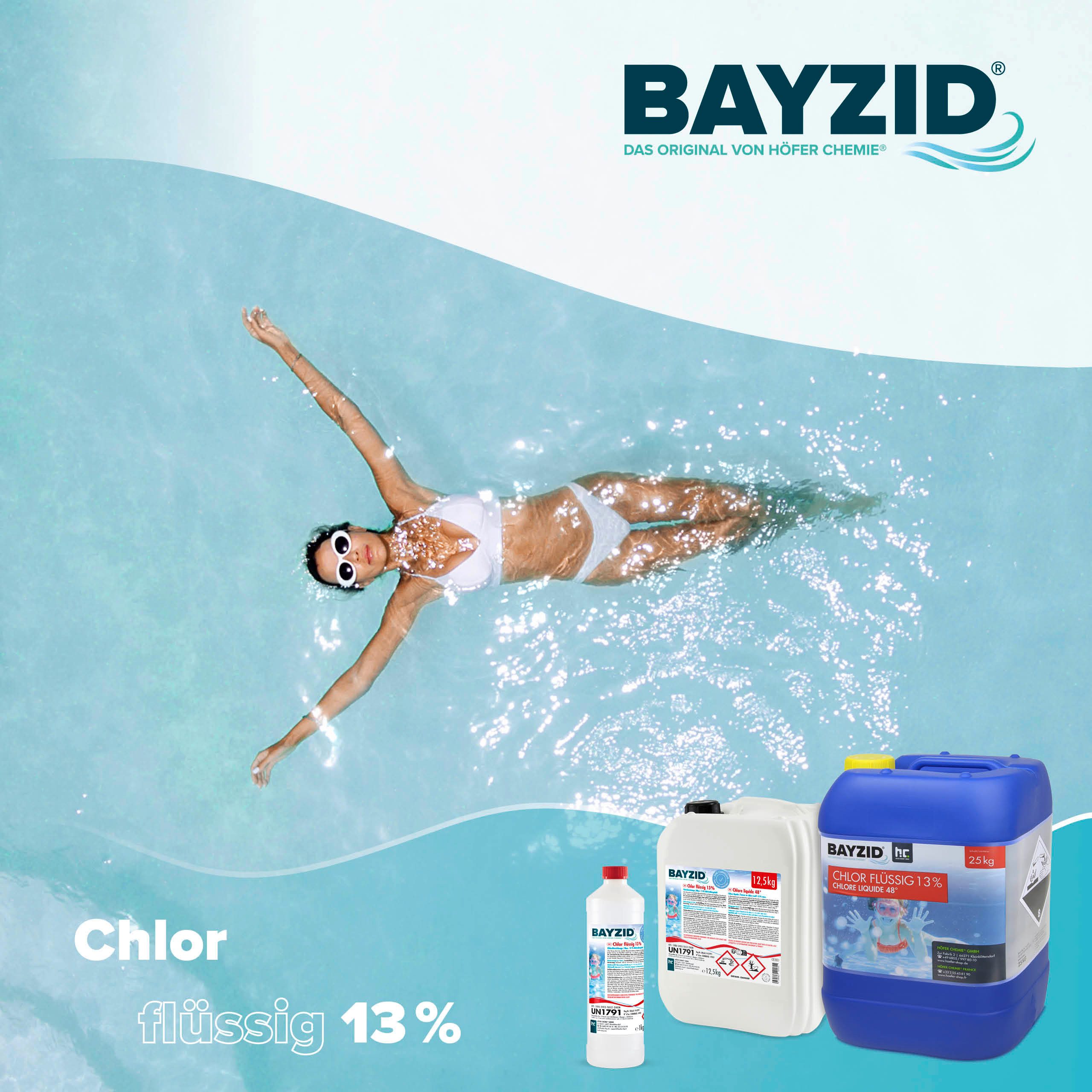 Höfer Chemie GmbH Poolpflege 25 kg BAYZID® Chlor 13% flüssig, Zuverlässige Desinfektion für sauberes und hygienisches Poolwasser