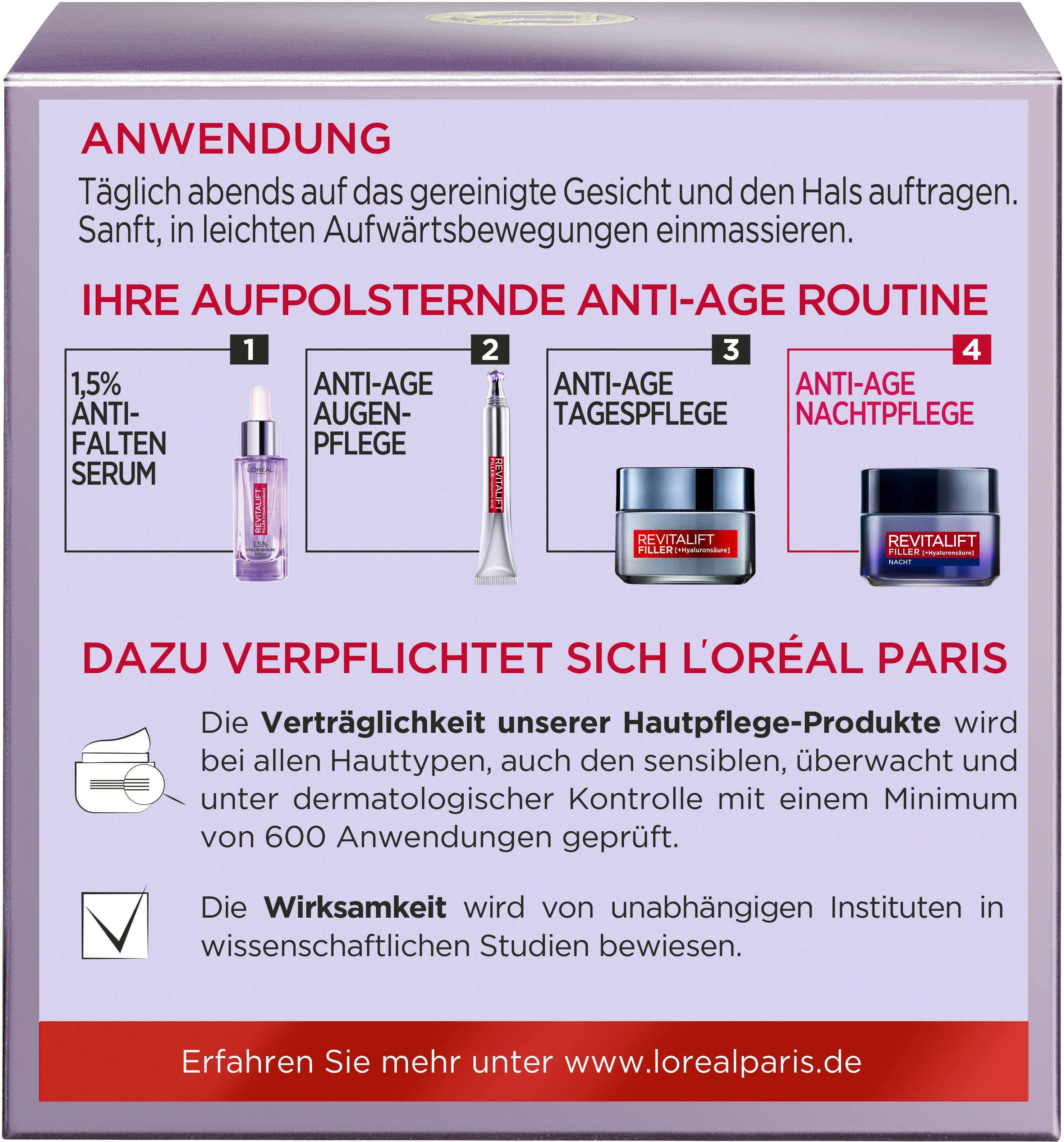 L'ORÉAL PARIS Nachtcreme Revitalift Filler Nachtpflege, mit Hyaluronsäure, intensive Aufpolsterung, mildert Falten