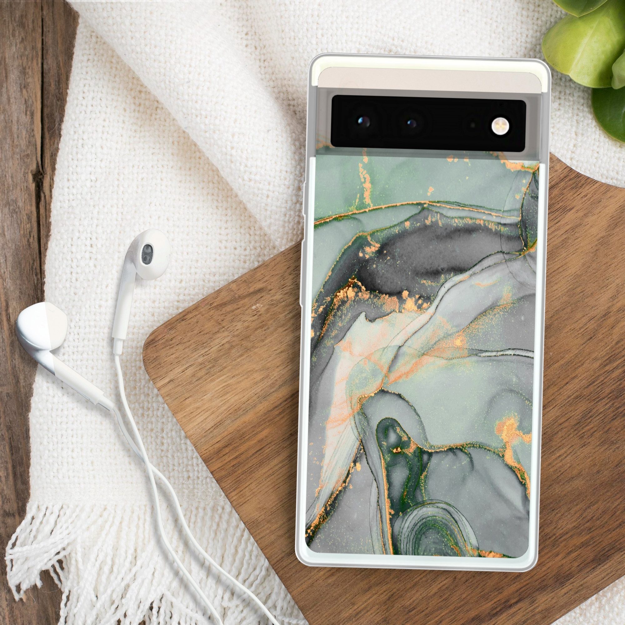 MuchoWow Handyhülle für Google Pixel 6 Gold - Marmor - Grün - Luxus - Glitzer - Marmoropti, Handy Case, Silikon, Bumper Case Dünn