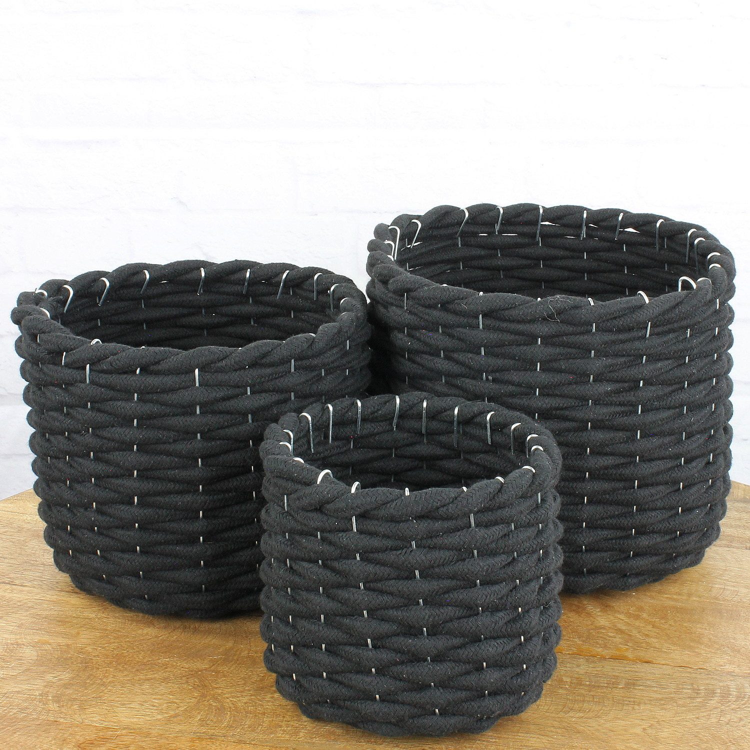 Macosa Home Dekokorb Stoffkorb Flechtkorb Aufbewahrungskorb Aufbewahrung Bodenkorb (3 St., 3er Set), Regalkorb 3er Set schwarz Wolle Korbset rund Deko-Korb Wollkorb