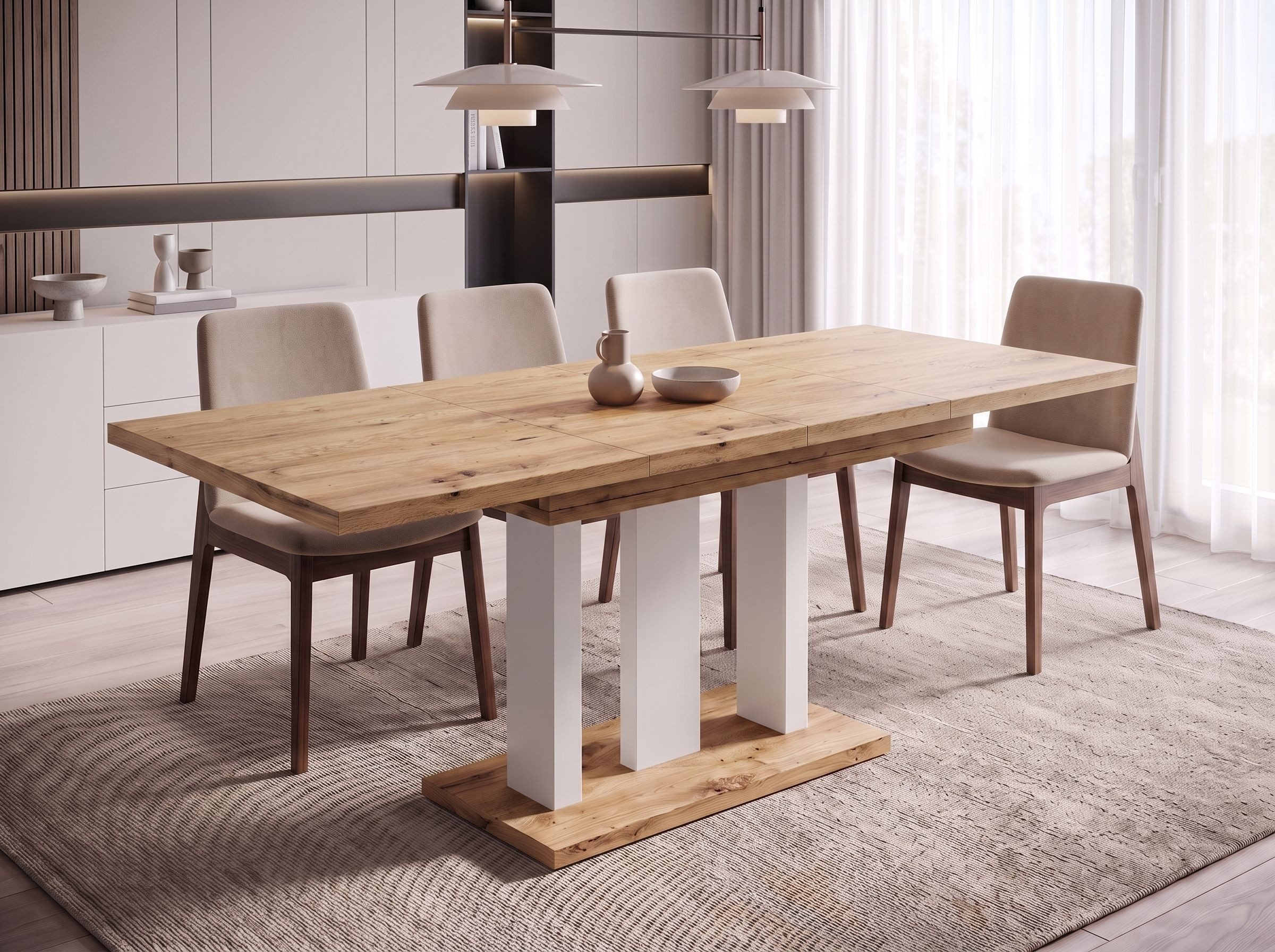 Endo-Moebel Säulen-Esstisch "Appia White" 130-210cm ausziehbar, erweiterbar, modern (1 Tisch), 2 Erweiterungsplatten, für 4, 6 oder 8 Personen, weiße Beine