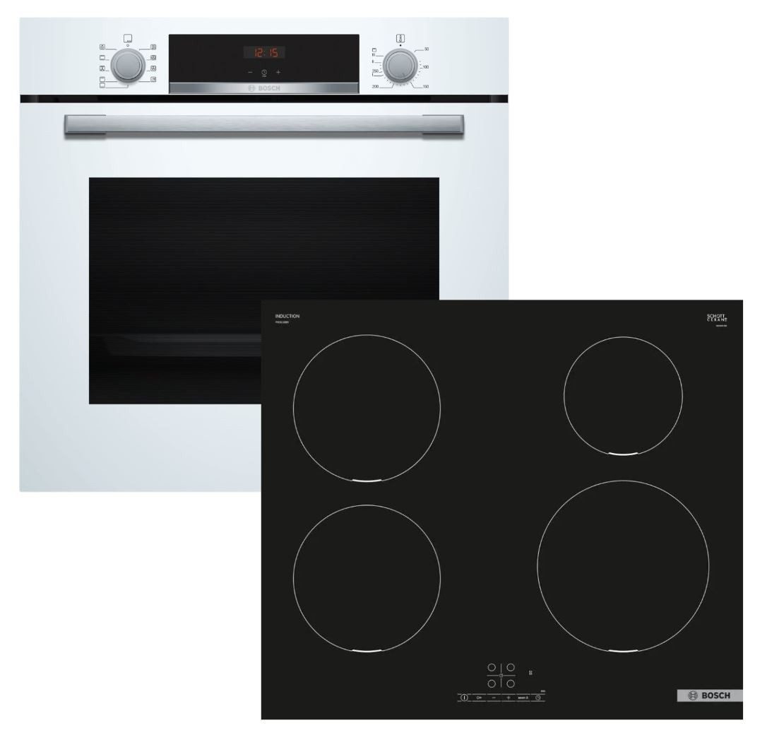 BOSCH Backofen-Set weiß EcoClean HYDROLYSE + Induktionskochfeld Booster autark 60cm NEU