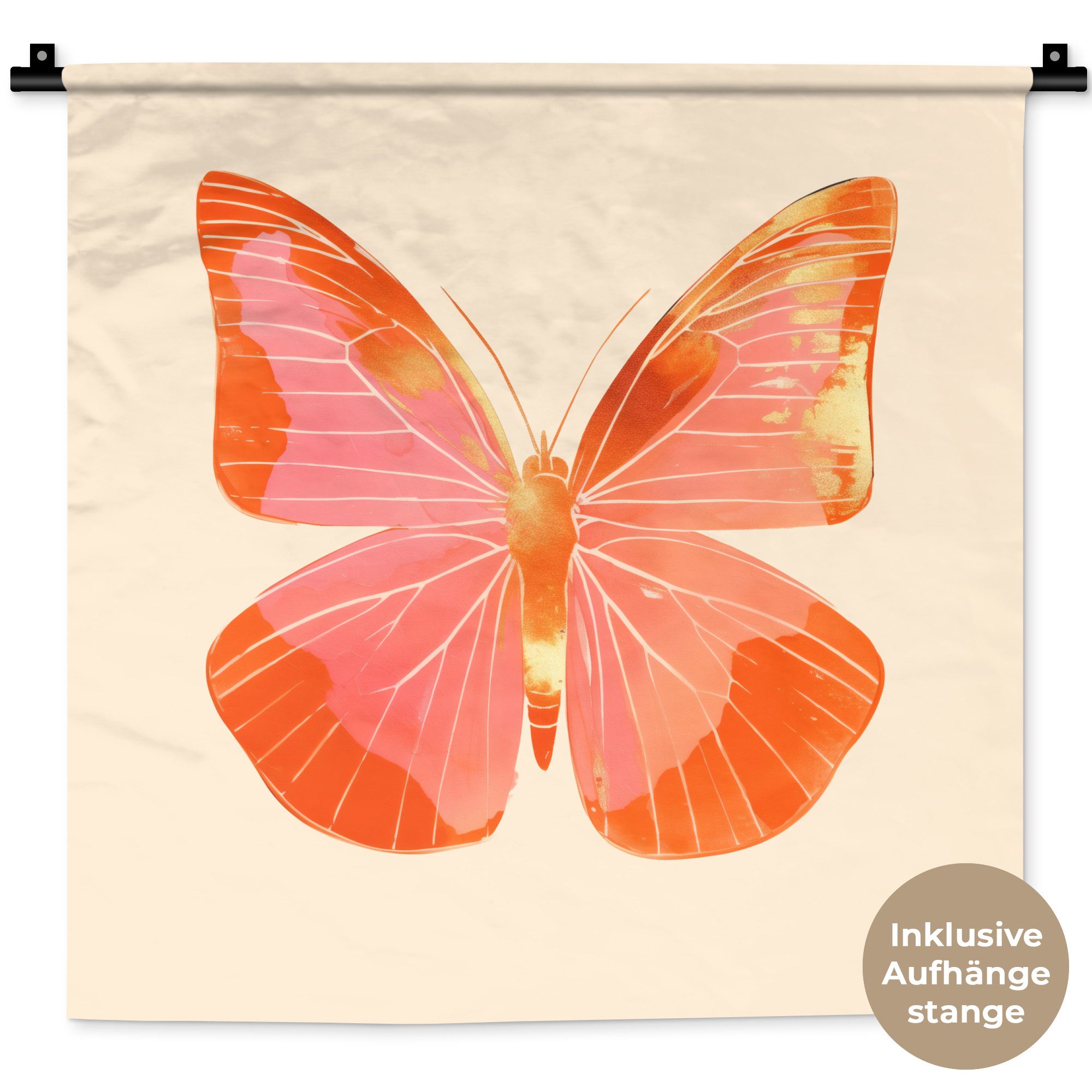 MuchoWow Wandteppich Schmetterling - Minimalistisch - Rosa, Quadratisch, Höhe: 3 mm, Wand Teppich, Deko für an den Wand, 60x60 cm
