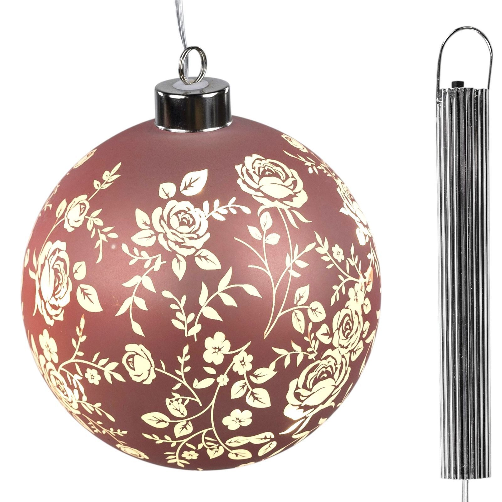 formano Dekolicht LED Deko Kugel hängend 10cm Glaskugel mit Timer und Rosen-Dekor, LED fest integriert