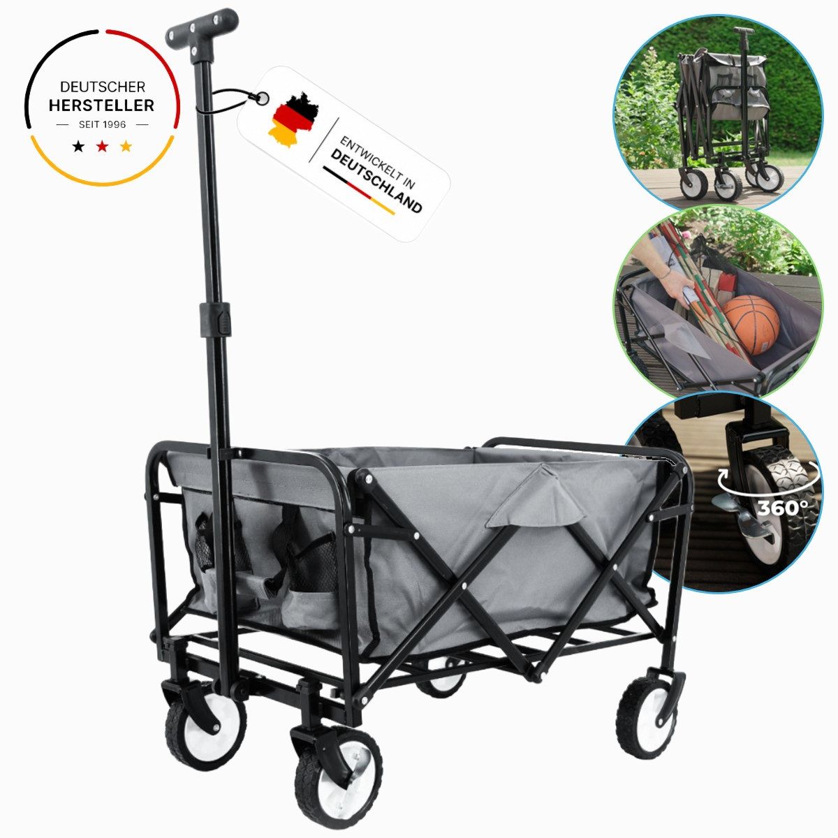 Bollerwagen Gardenio mit Bremsen, Upgrade-Version (längerer Lenkstange)