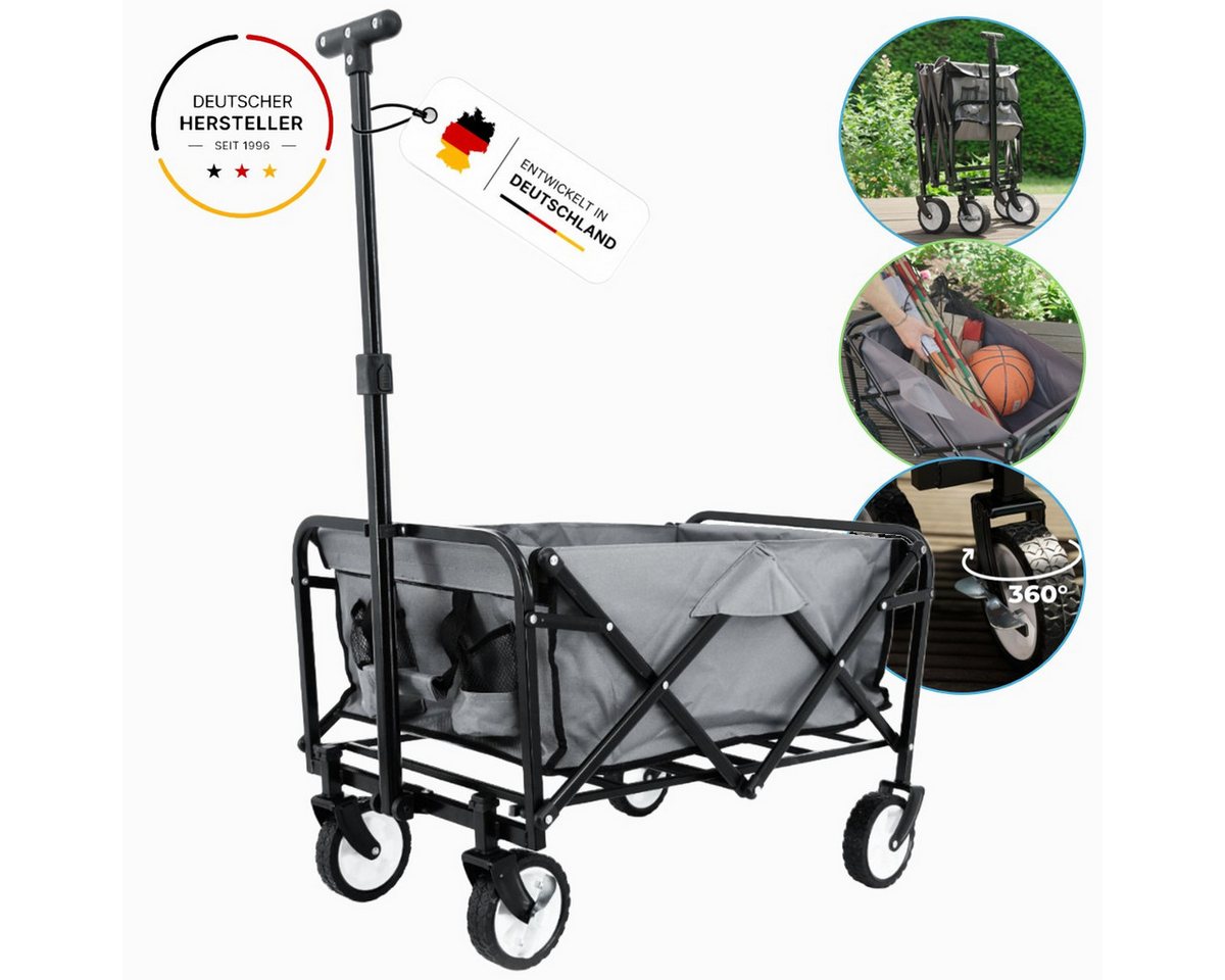 FASports Bollerwagen Gardenio mit Bremsen, Upgrade-Version (längerer Lenkstange), faltbar, bis 80 kg belastbar, fasst 61 Liter
