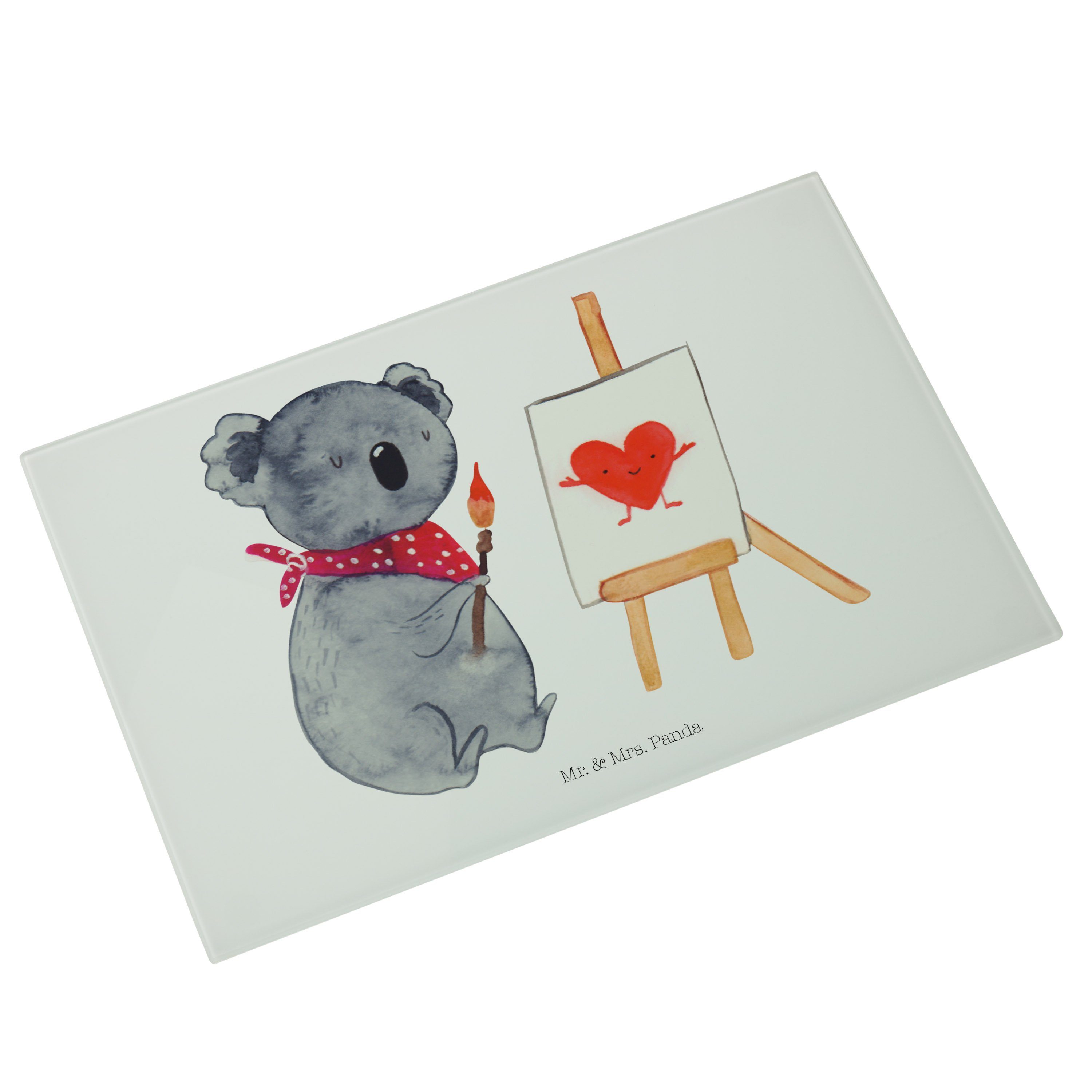Mr. & Mrs. Panda Servierbrett Koala Künstler - Weiß - Geschenk, Liebesgeschenk, Gefühle, Koalabär, Premium Glas, (1-St)