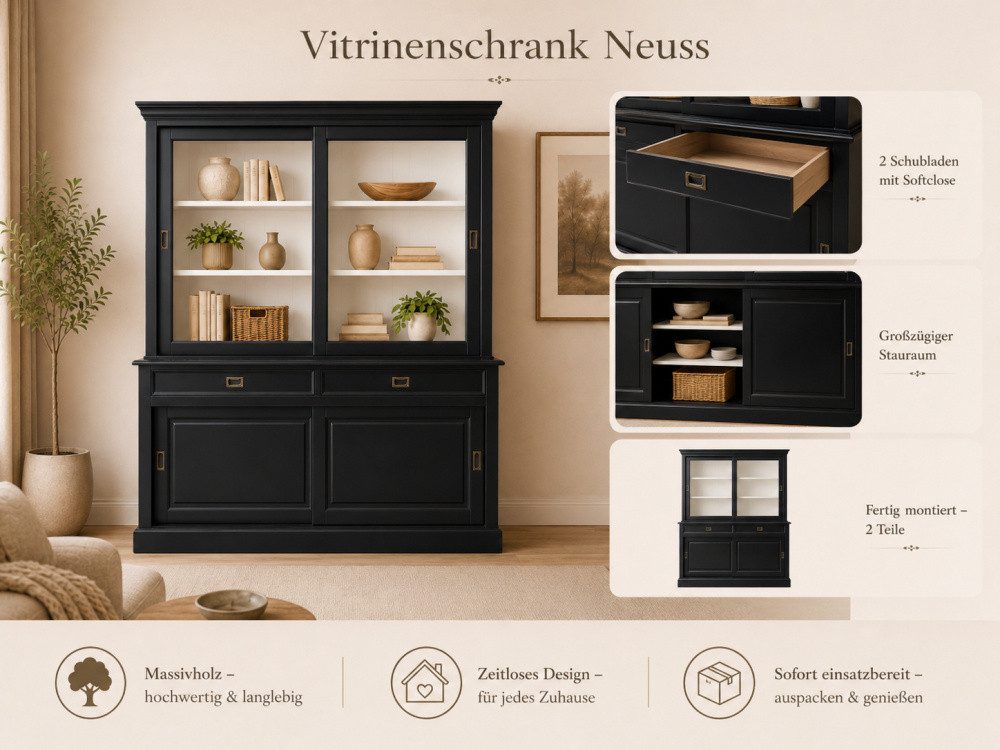 Wohnpalast Vitrine Landhaus Vitrinenschrank Neuss 150 cm Schwarz -Weiß Buffetschrank