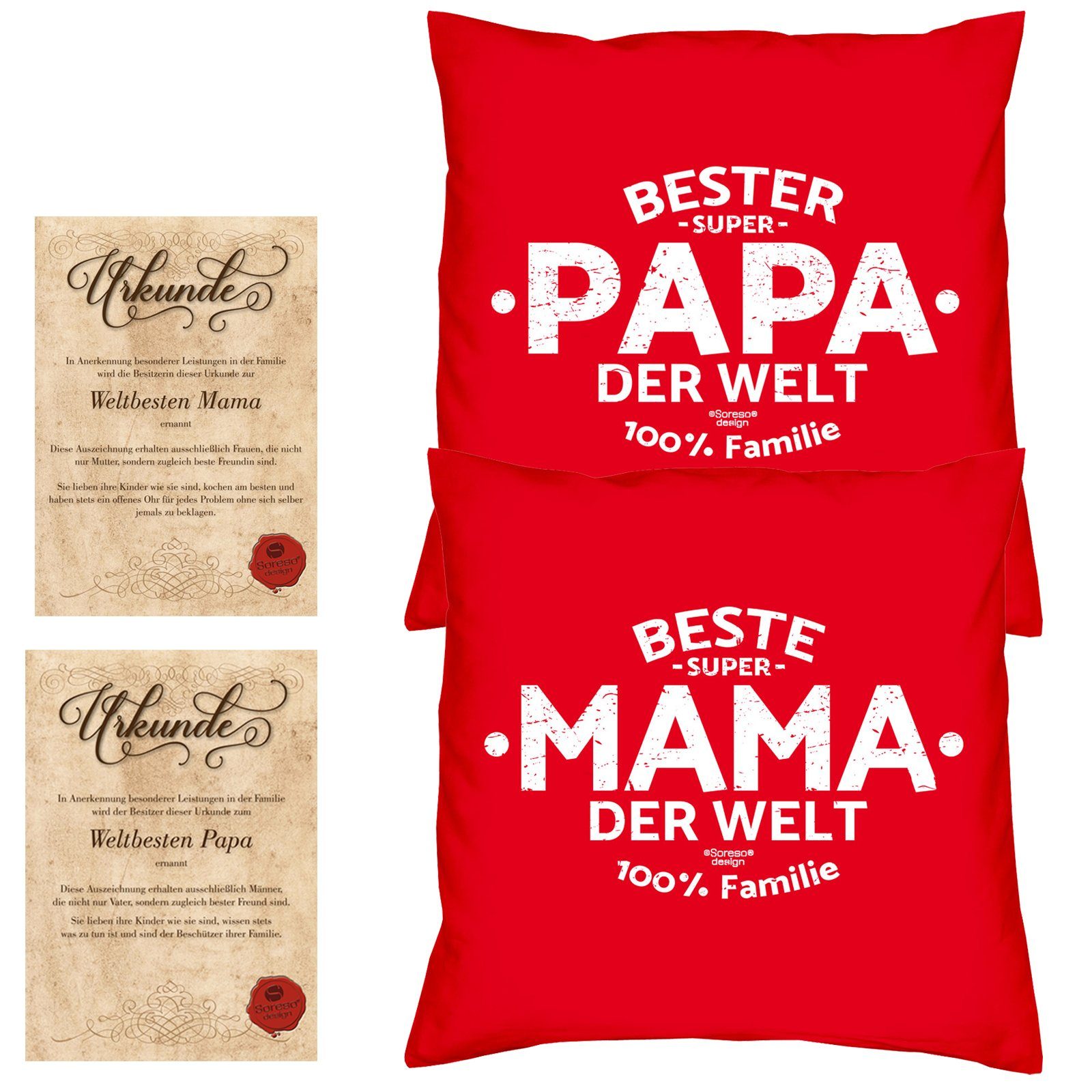 Soreso® Dekokissen Kissen-Set Beste Mama der Welt Bester Papa der Welt mit Urkunden, Geschenk Vatertag Muttertag rot