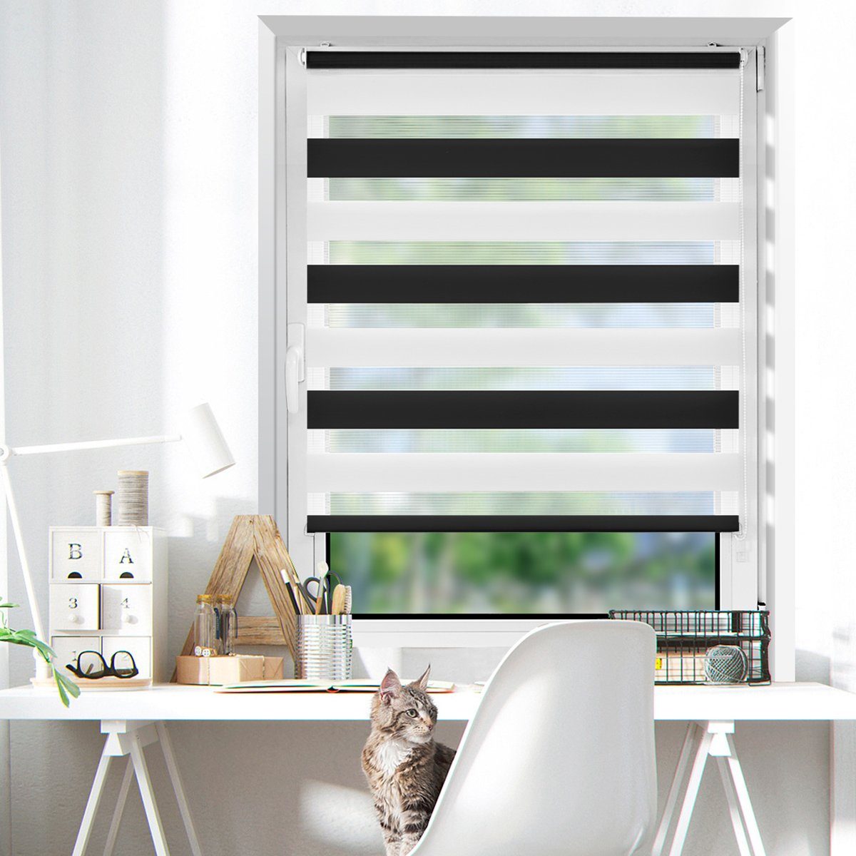 ohne livhtdurchlässig Bohren Fenster Klemmträger, rollos verdunkelnd für Klemmfix, Schwarz-Weiß 130cm, Doppelrollo Lichtschutz, OUBO, freihängend, und mit