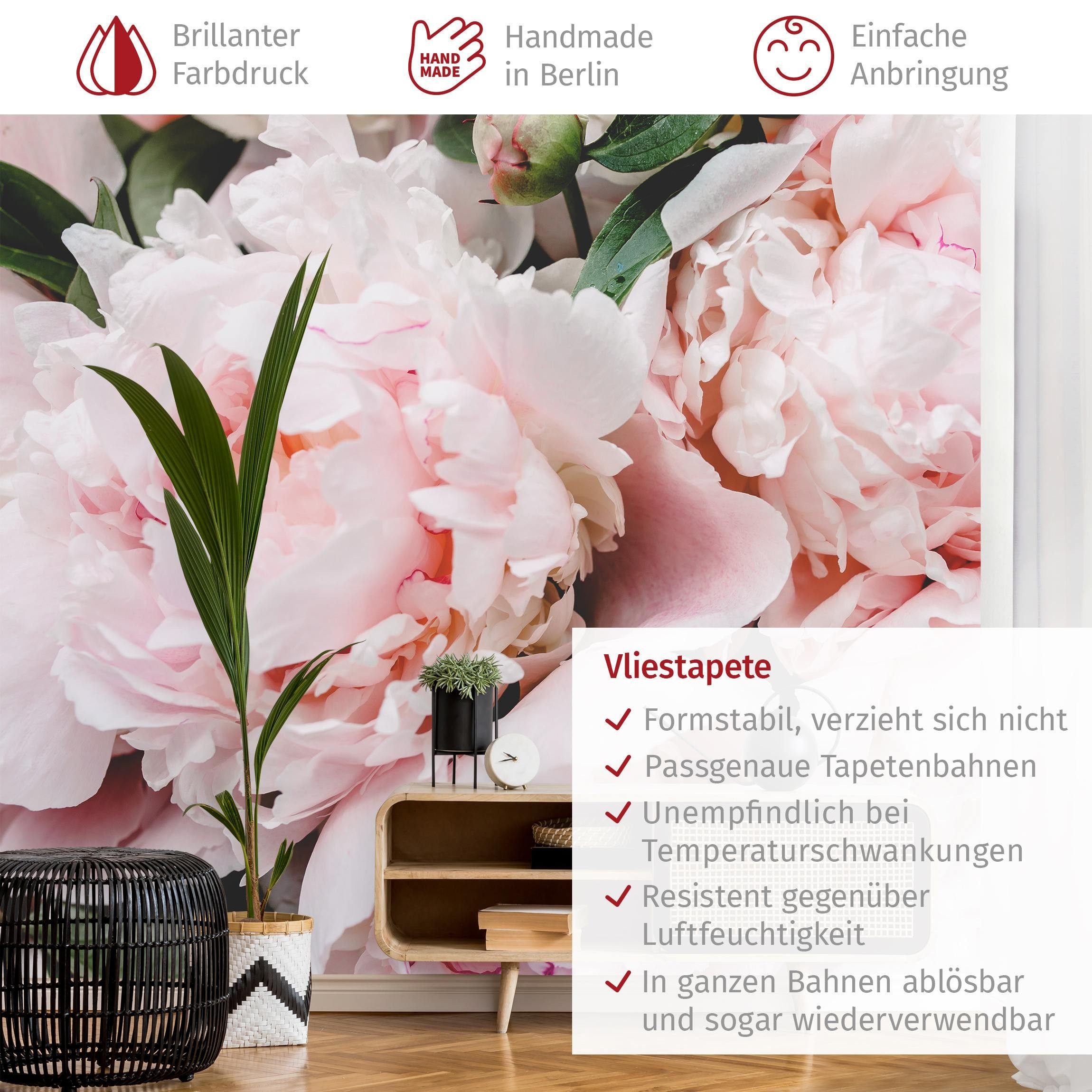 Bilderdepot24 Fototapete Rosen Pfingstrosen Hellrosa Blumen Natur Pflanzen Wanddeko, Glatt, Matt, (Vliestapete inkl. Kleister oder selbstklebend), Wohnzimmer Schlafzimmer Küche Flur Motivtapete Vliestapete Wandtapete